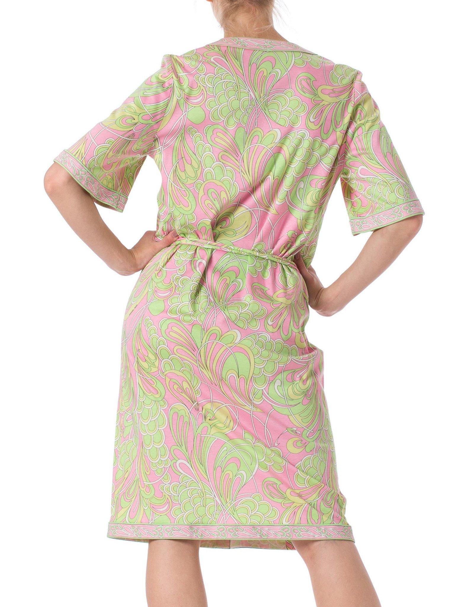 1960S AVERADO BESSI Baby Pink & Green Cotton Jersey Mod Abstract Psychedelic Pr In Excellent Condition For Sale In New York, NY