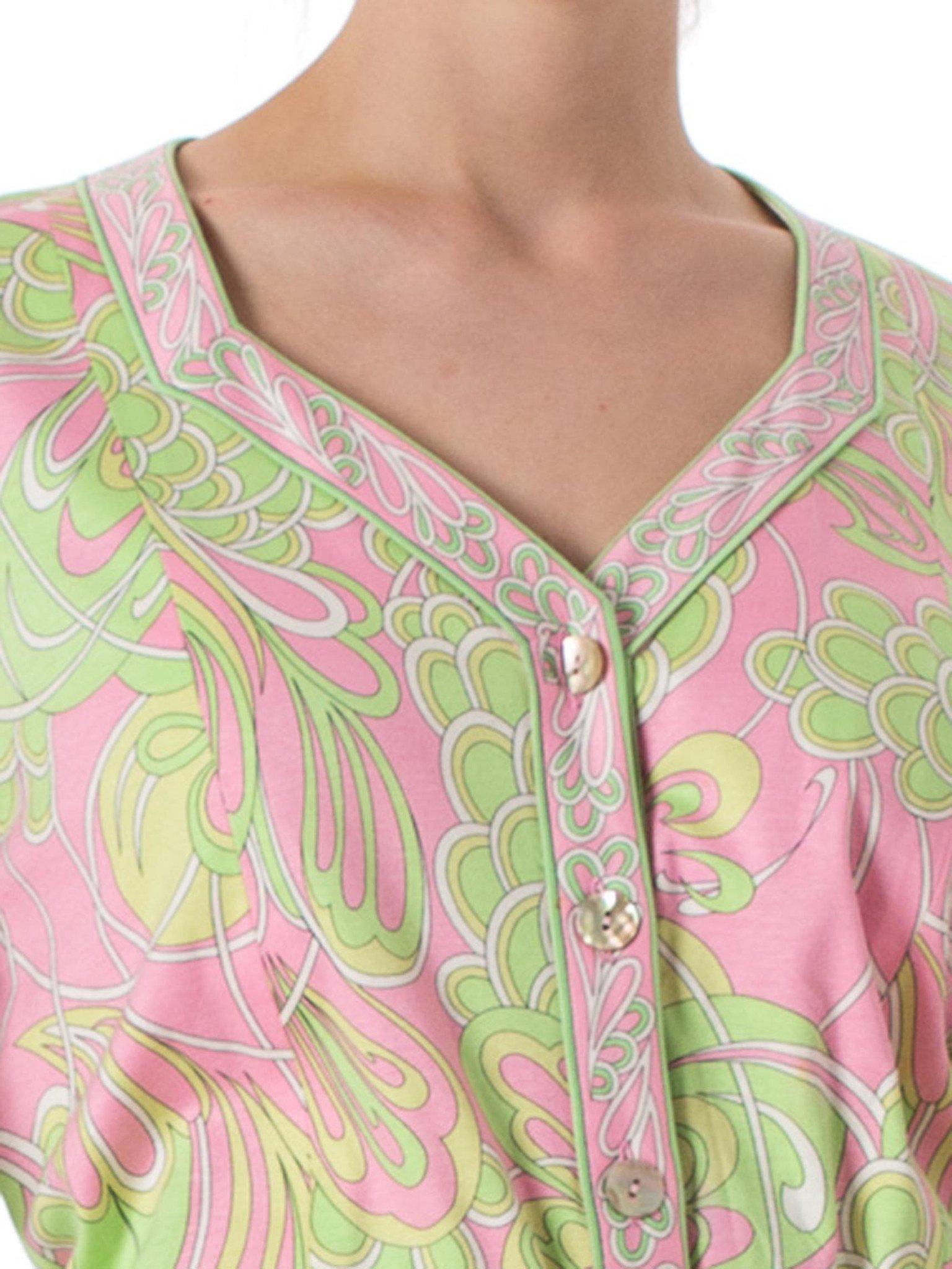 1960S AVERADO BESSI Baby Pink & Green Cotton Jersey Mod Abstract Psychedelic Pr For Sale 1