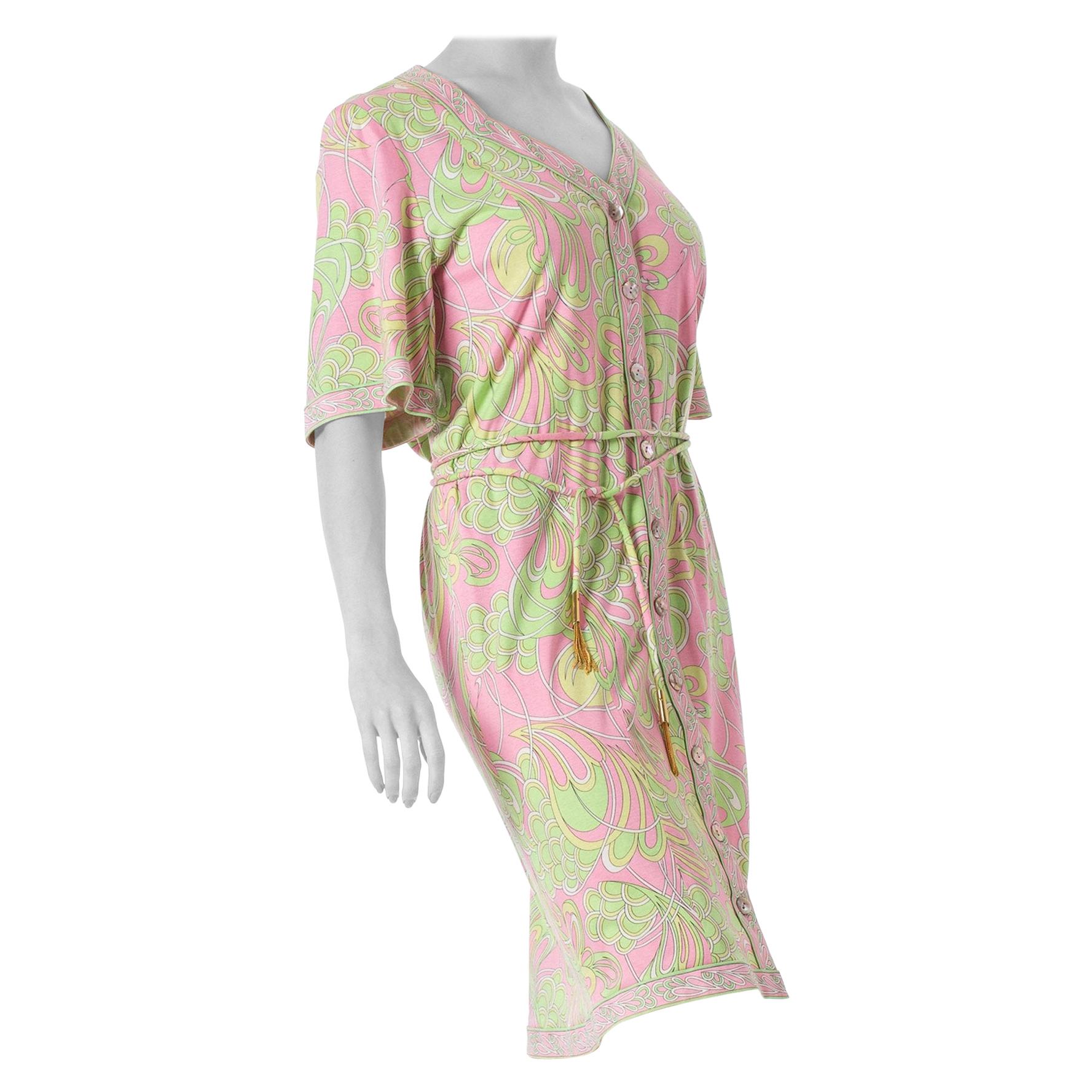 1960S AVERADO BESSI Baby Pink & Green Cotton Jersey Mod Abstract Psychedelic Pr For Sale