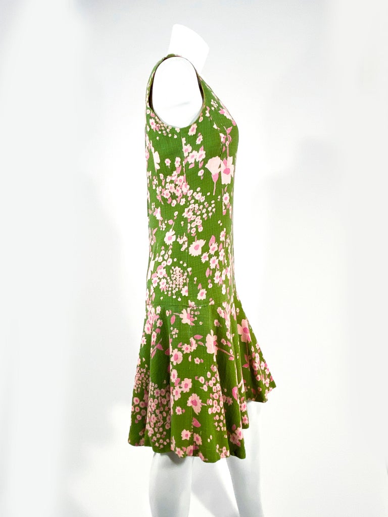 1960s Avocado Green Floral Printed Drop-Waist Day Dress at 1stDibs