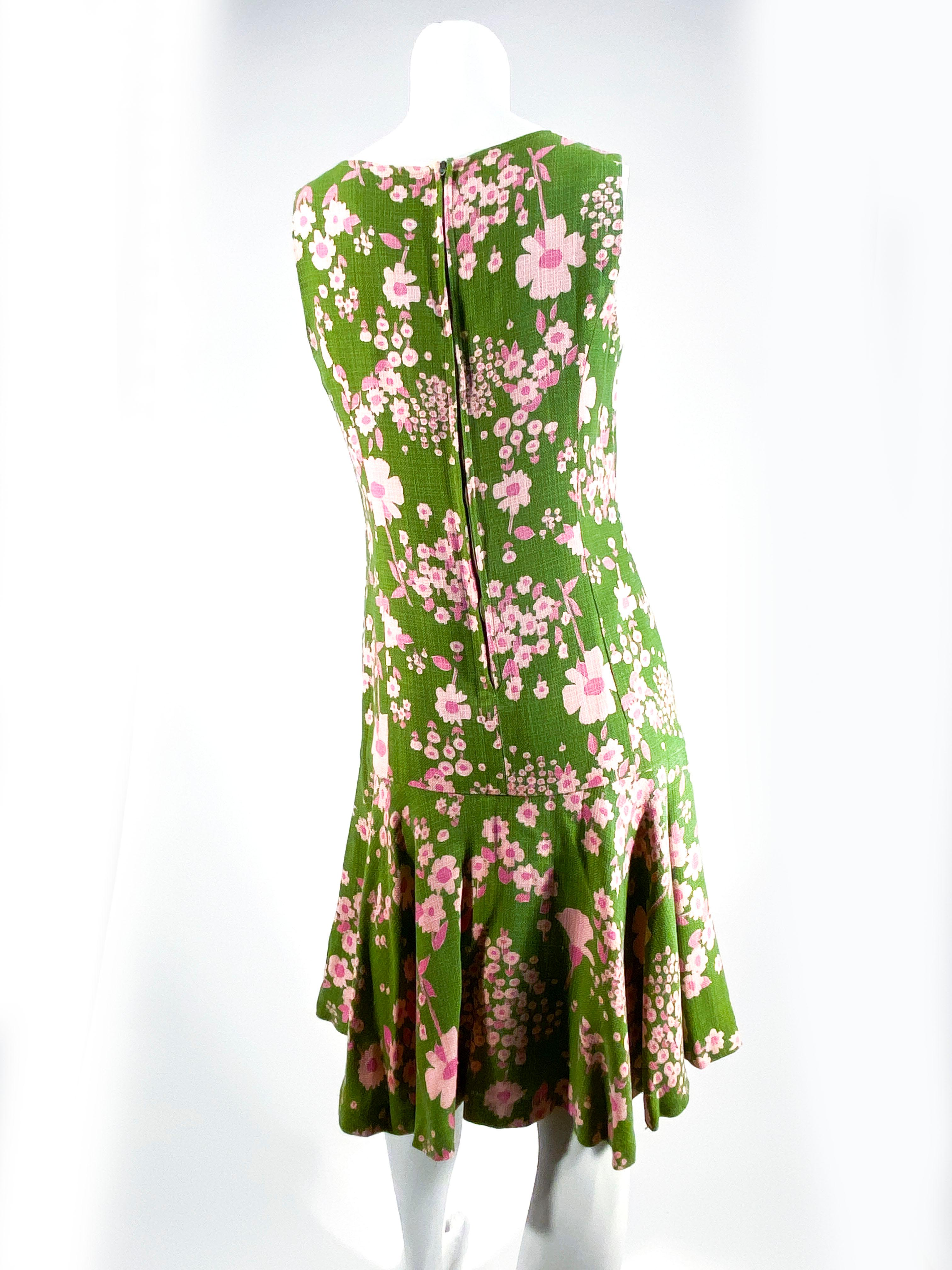 Brown 1960s Avocado Green Floral Printed Drop-Waist Day Dress For Sale