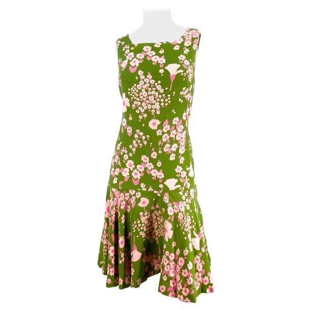 1960s Avocado Green Floral Printed Drop-Waist Day Dress For Sale at ...