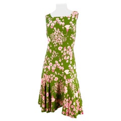 Antique 1960s Avocado Green Floral Printed Drop-Waist Day Dress