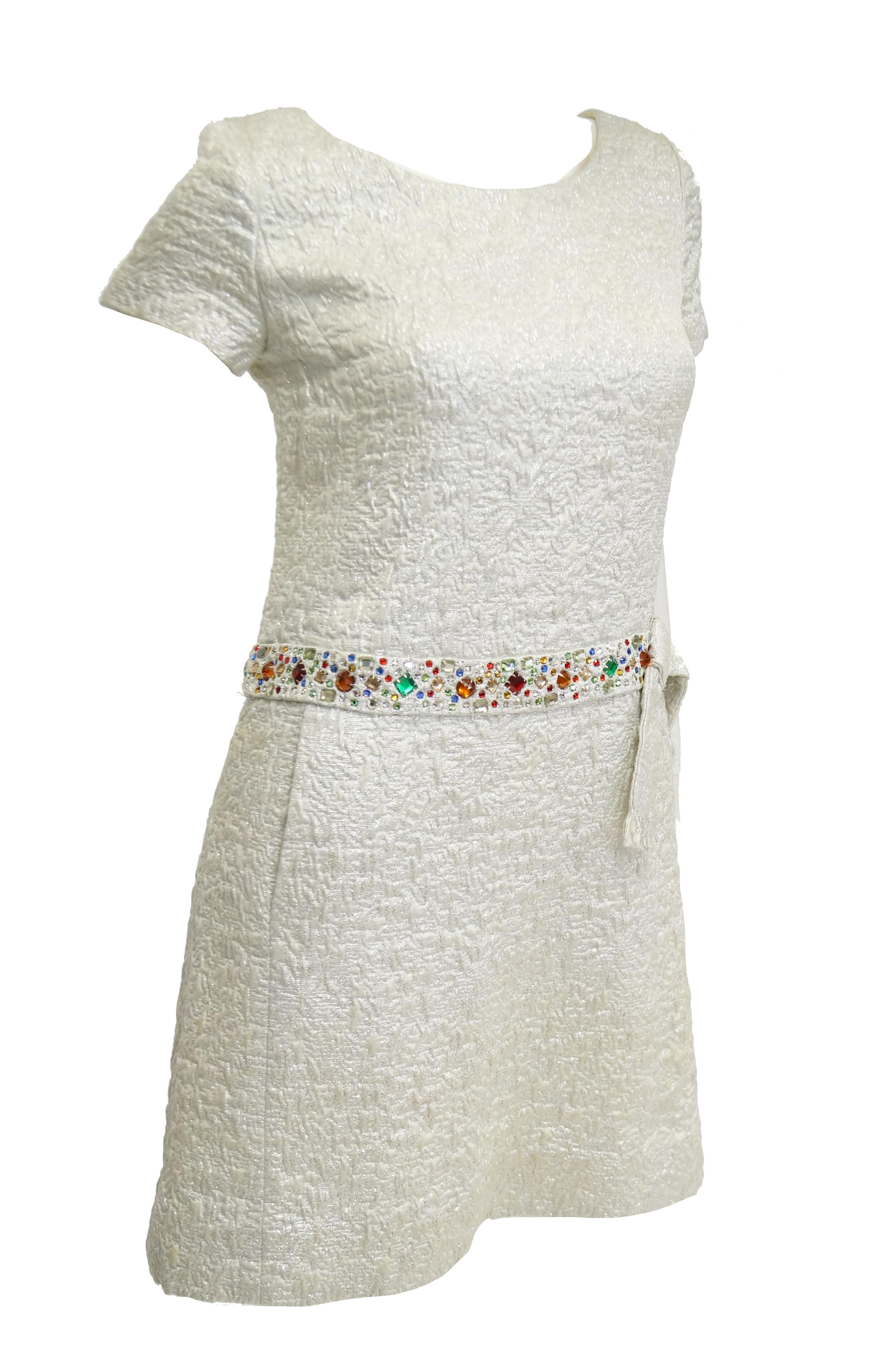 1960s B. Altman Silver Shift Cocktail Dress with Multicolor Rhinestone Belt In Excellent Condition For Sale In Houston, TX