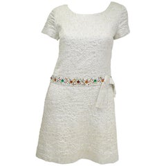 1960s B. Altman Silver Shift Cocktail Dress with Multicolor Rhinestone Belt