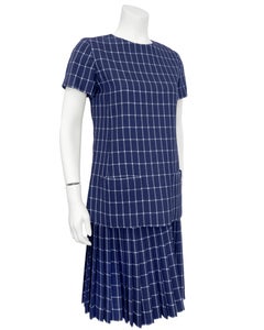 1960's B H Wragge Navy Windowpane Wool 2 PC Mod Dress
