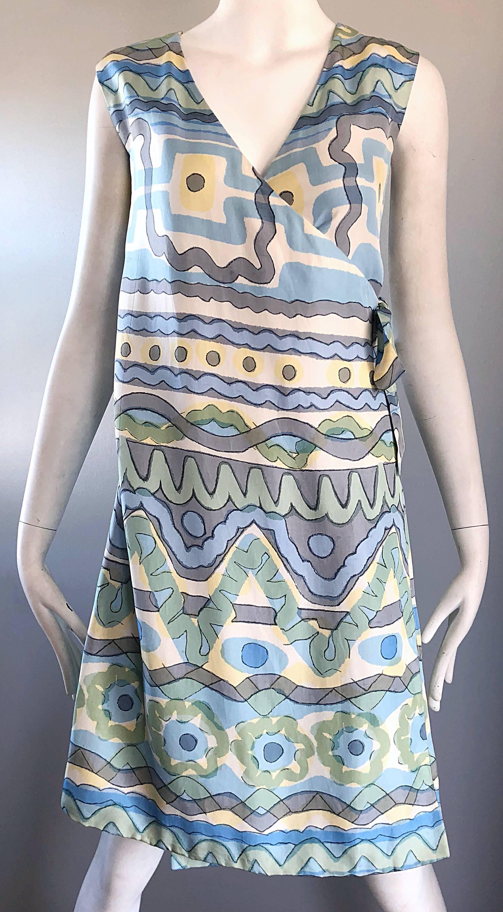 1960s B. H. Wragge Pastel Blue + Green + Yellow Vintage 60s Abstract Wrap Dress For Sale 2