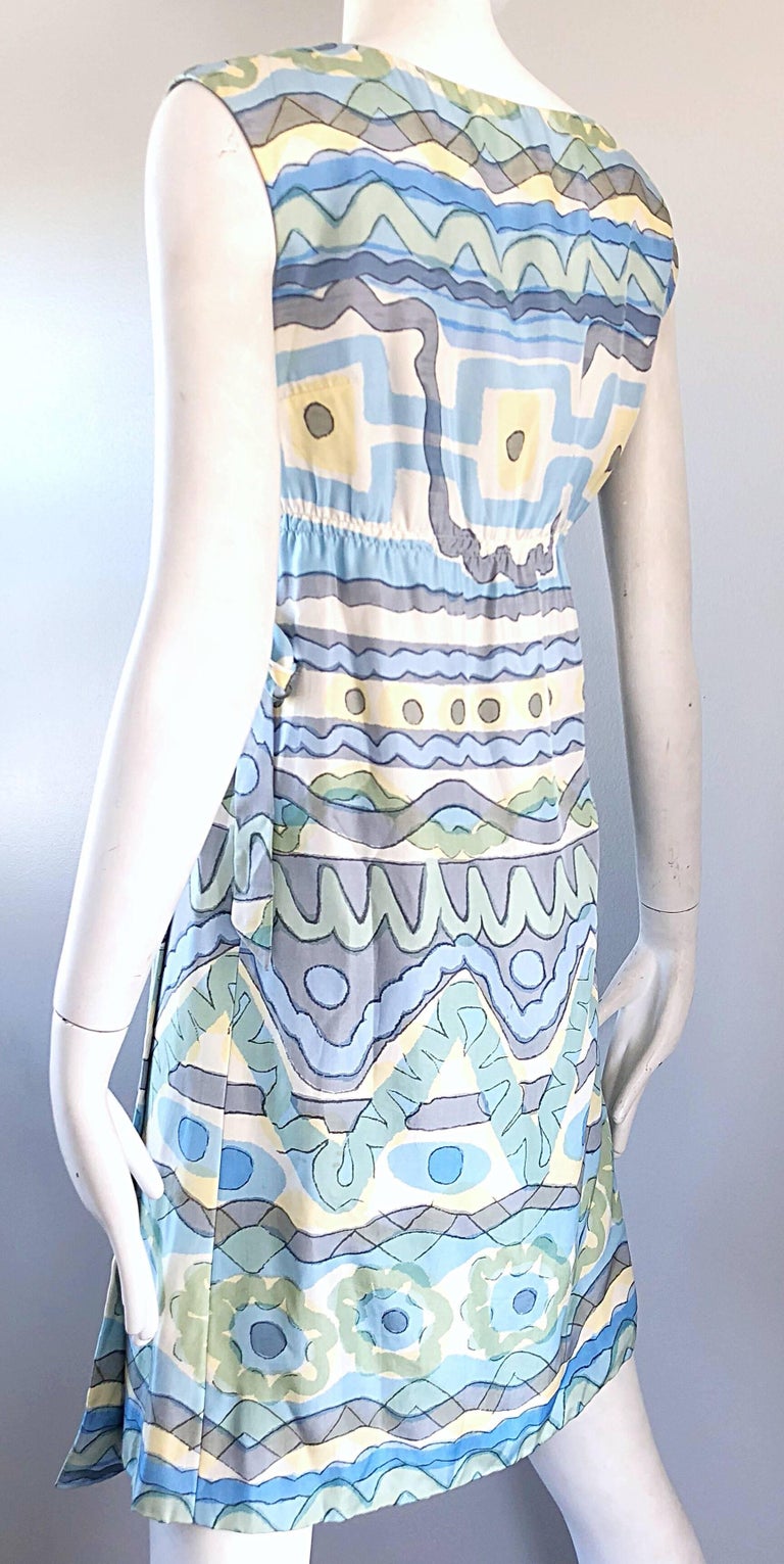 1960s B. H. Wragge Pastel Blue + Green + Yellow Vintage 60s Abstract Wrap Dress For Sale 6