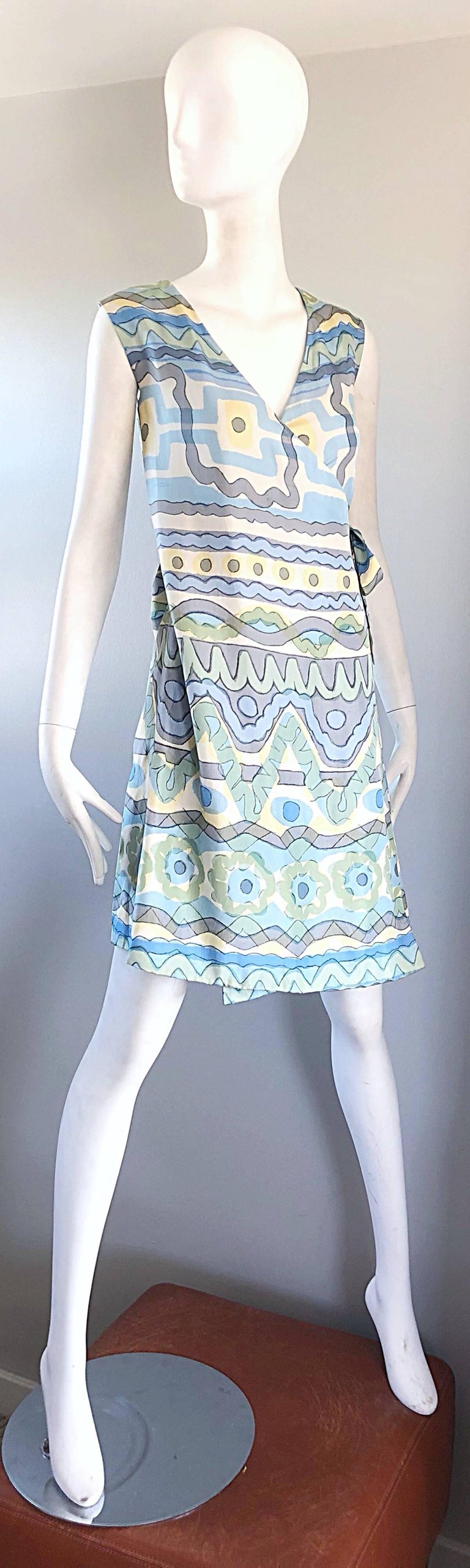 1960s B. H. Wragge Pastel Blue + Green + Yellow Vintage 60s Abstract Wrap Dress For Sale 7