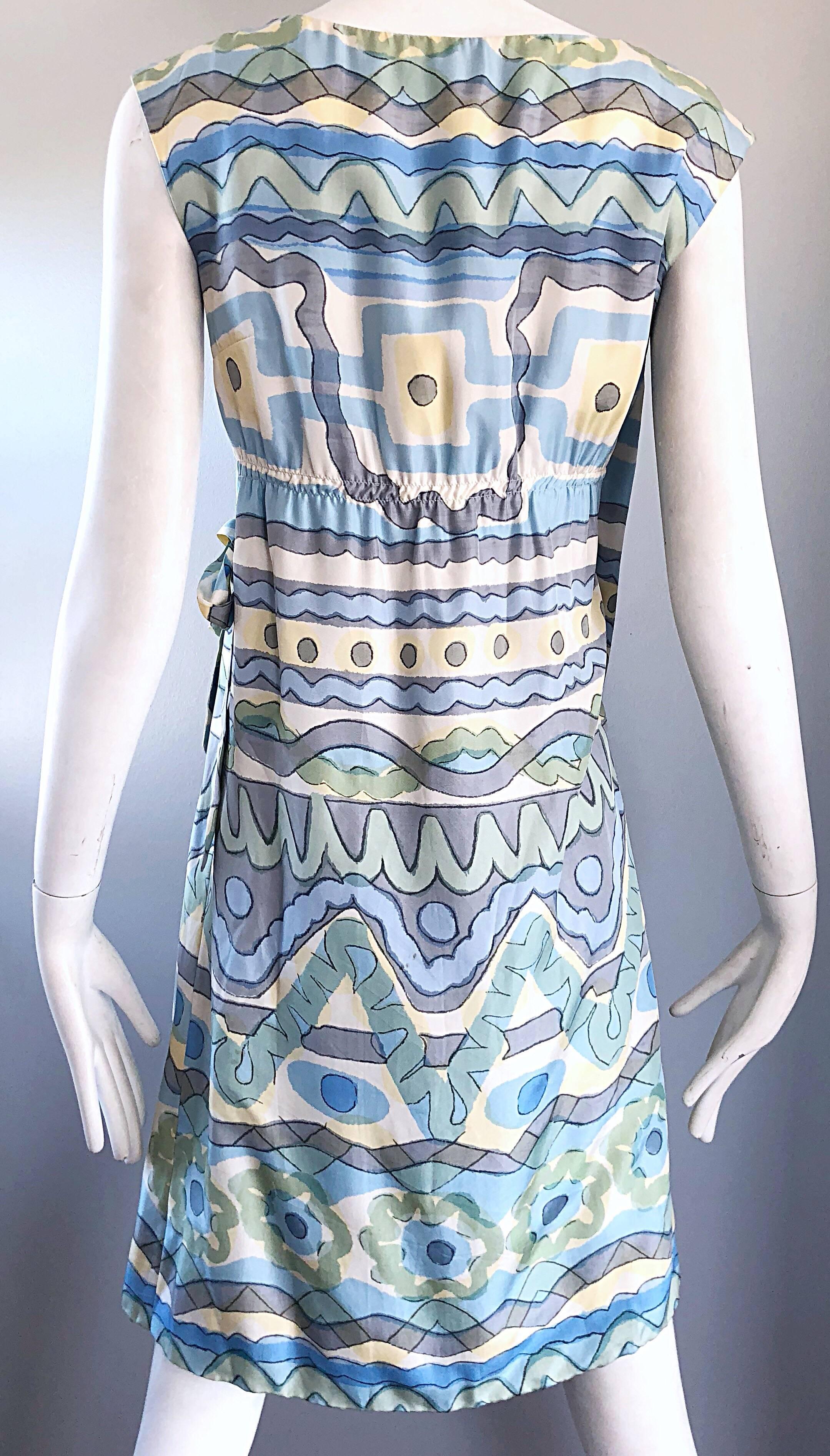 1960s B. H. Wragge Pastel Blue + Green + Yellow Vintage 60s Abstract Wrap Dress For Sale 5