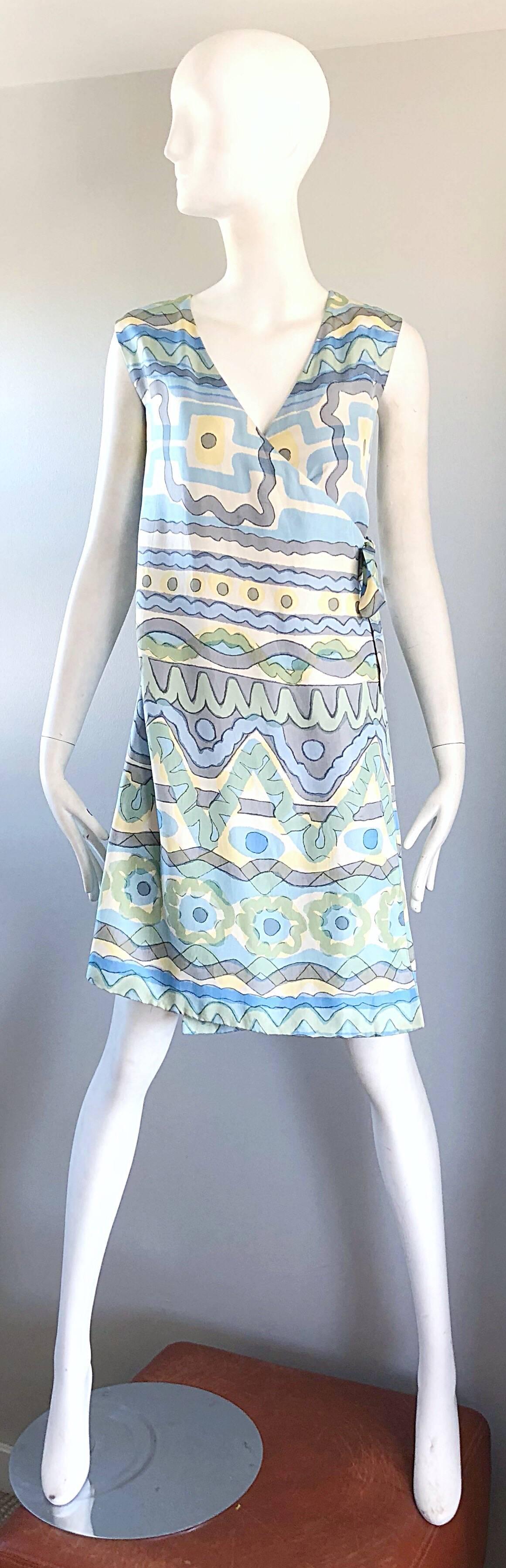 1960s B. H. Wragge Pastel Blue + Green + Yellow Vintage 60s Abstract Wrap Dress For Sale 6