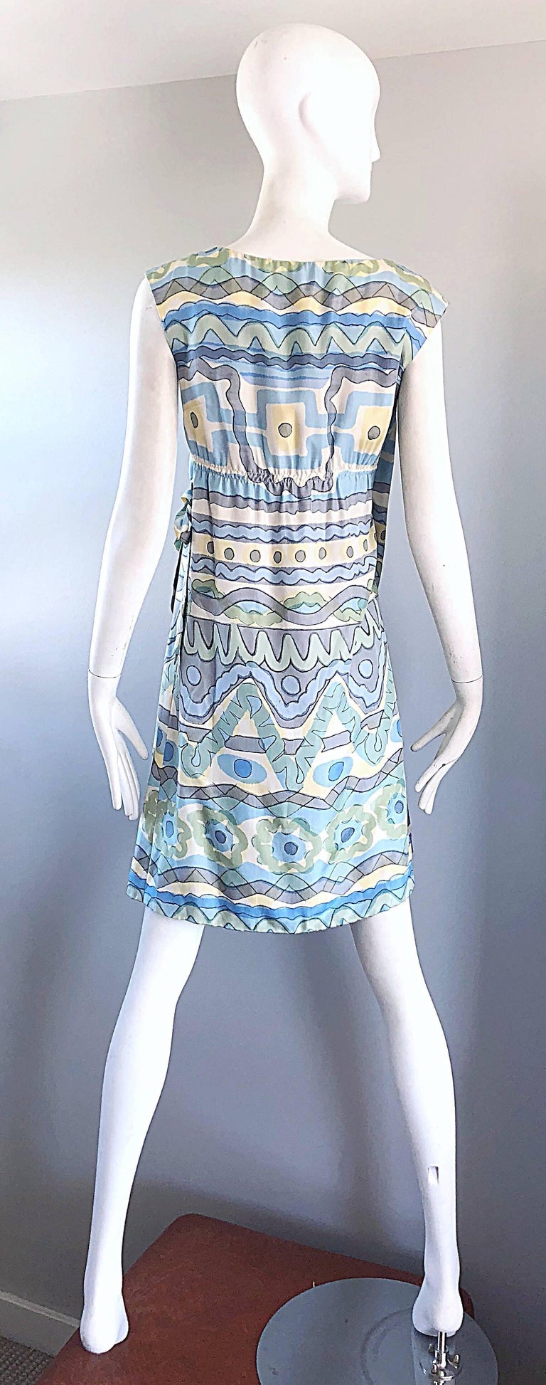 Women's 1960s B. H. Wragge Pastel Blue + Green + Yellow Vintage 60s Abstract Wrap Dress For Sale