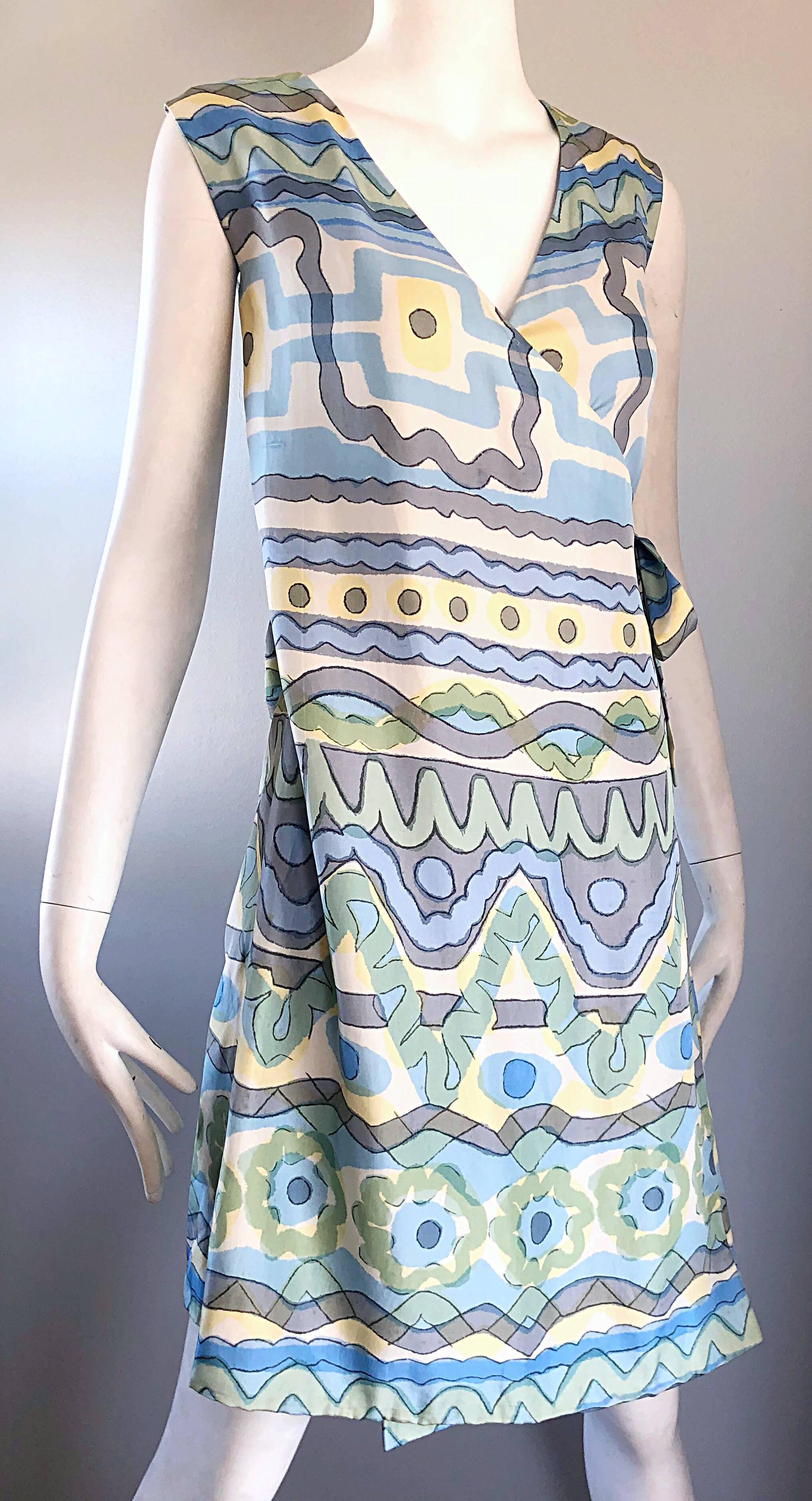 Gray 1960s B. H. Wragge Pastel Blue + Green + Yellow Vintage 60s Abstract Wrap Dress For Sale