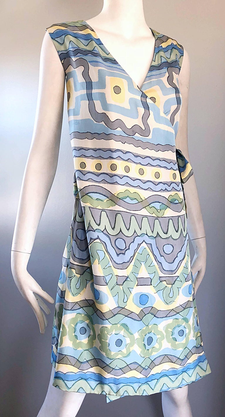1960s B. H. Wragge Pastel Blue + Green + Yellow Vintage 60s Abstract Wrap Dress For Sale 1