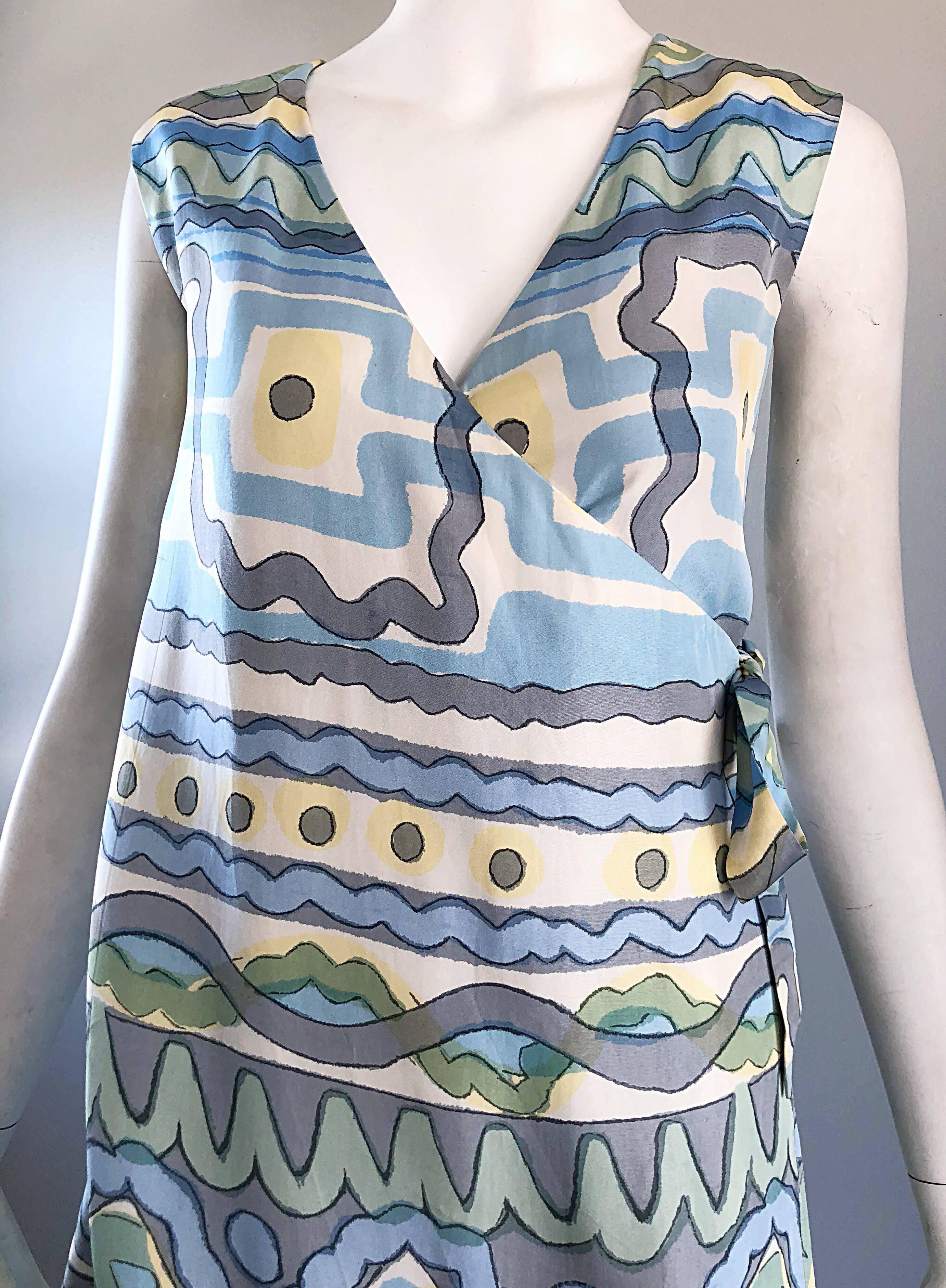 1960s B. H. Wragge Pastel Blue + Green + Yellow Vintage 60s Abstract Wrap Dress In Excellent Condition For Sale In San Diego, CA