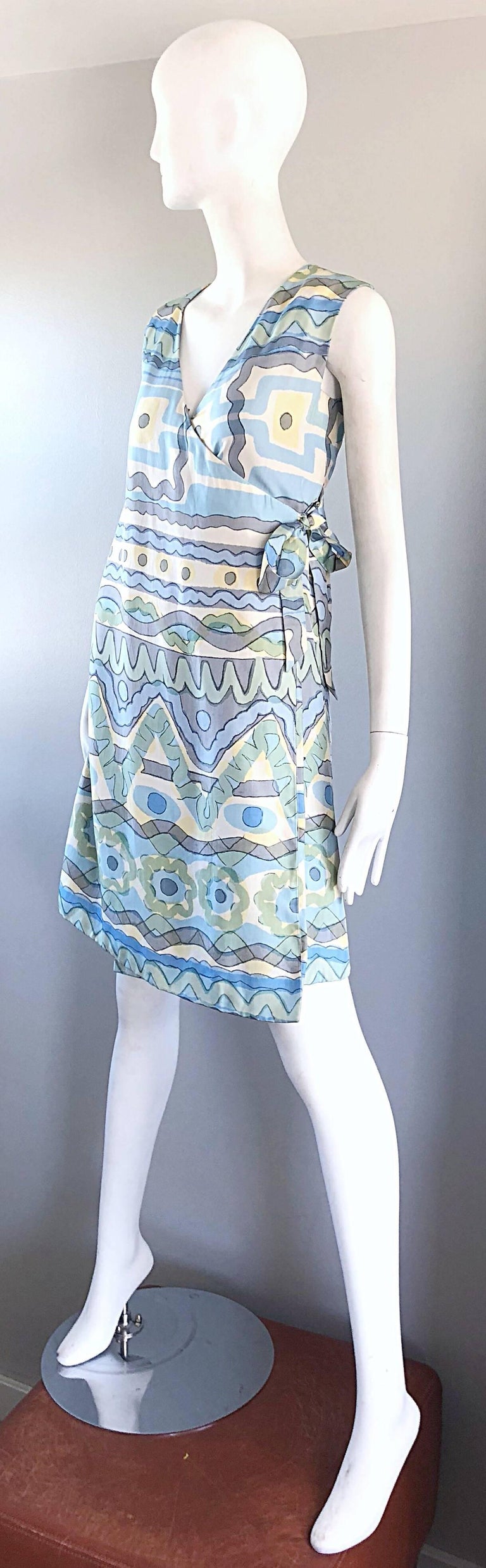 1960s B. H. Wragge Pastel Blue + Green + Yellow Vintage 60s Abstract Wrap Dress For Sale 3