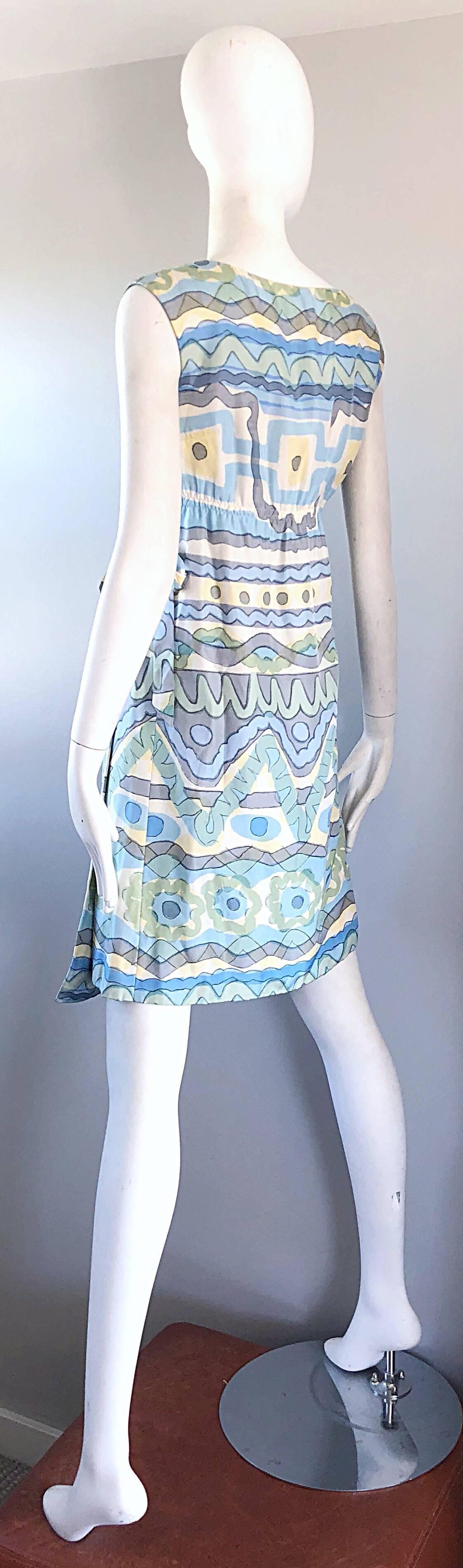 1960s B. H. Wragge Pastel Blue + Green + Yellow Vintage 60s Abstract Wrap Dress For Sale 1
