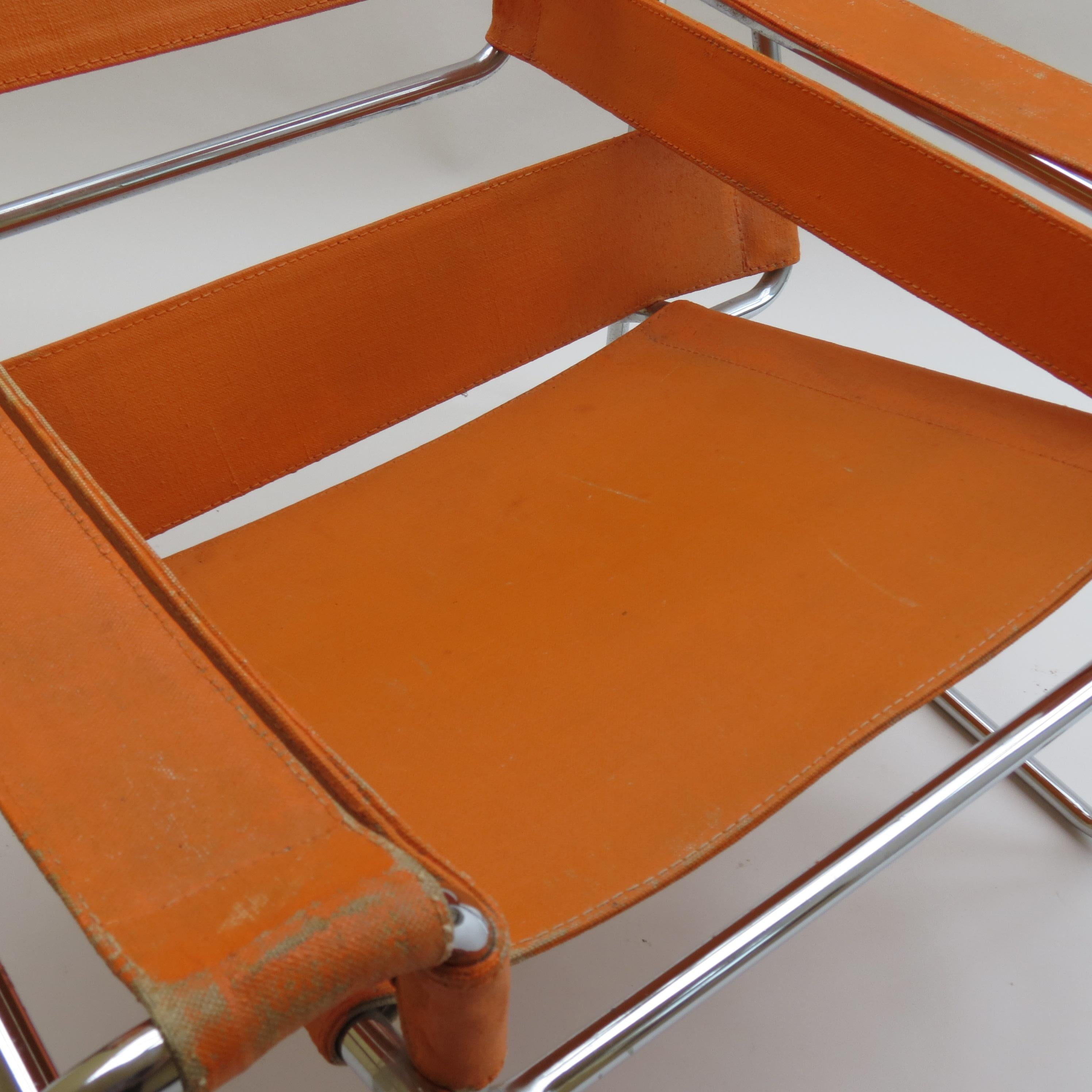 Italian 1960s B3 Wassily Chair in Orange Canvas by Marcel Breuer for Gavina, Bauhaus A