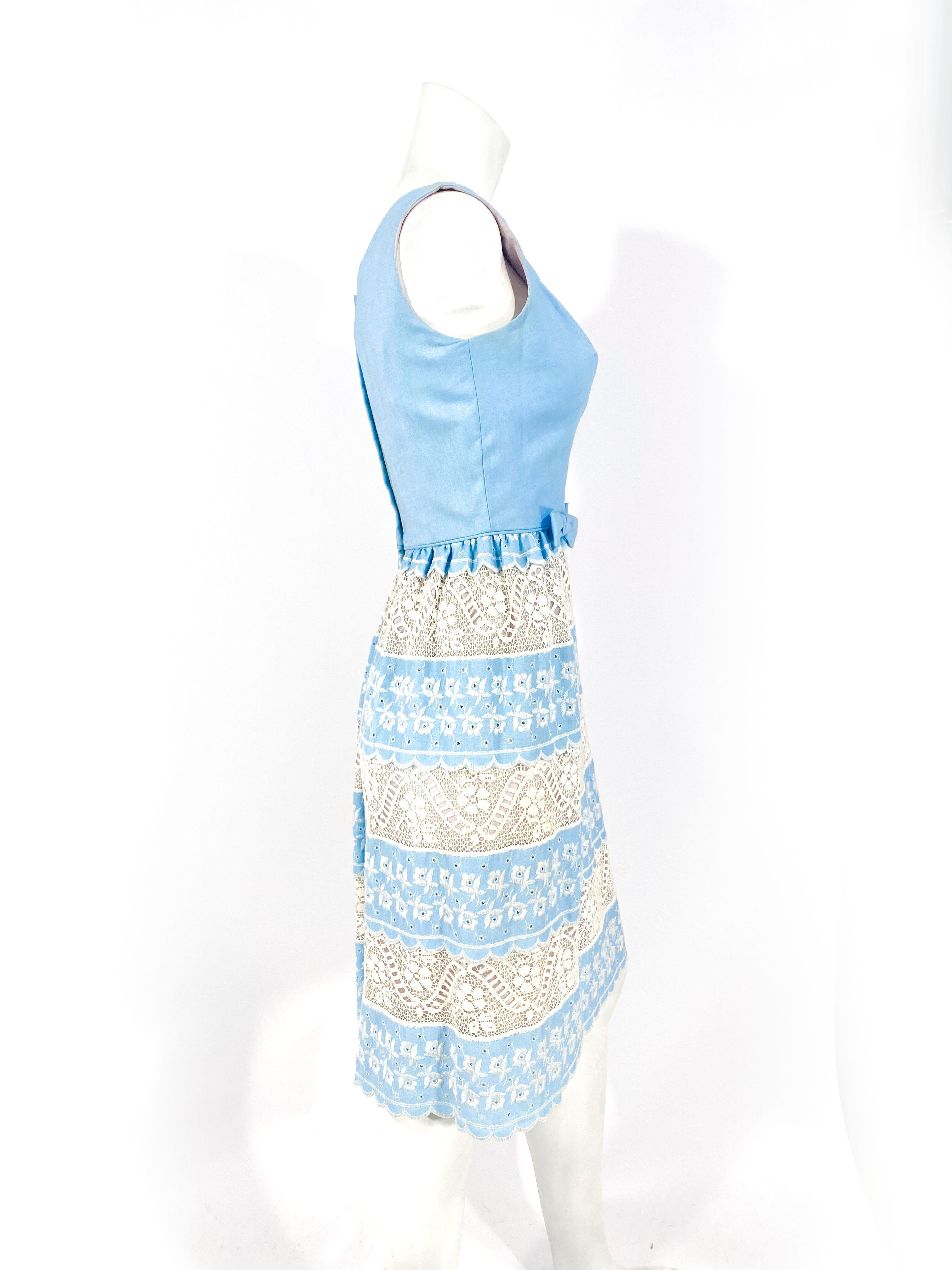 1960s Baby Blue Lace and Embroidered Sleeveless Dress In Good Condition In San Francisco, CA