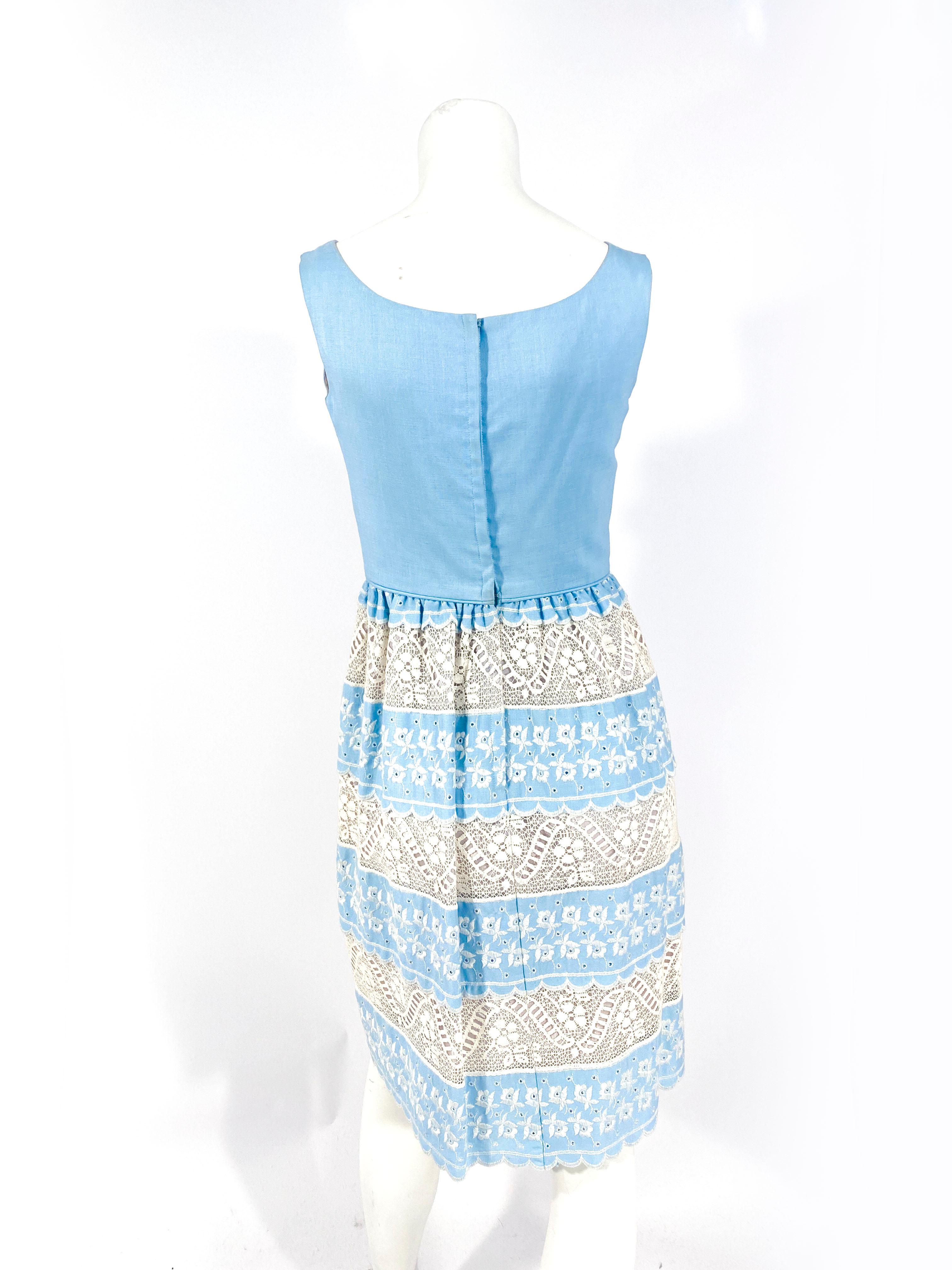 Women's or Men's 1960s Baby Blue Lace and Embroidered Sleeveless Dress