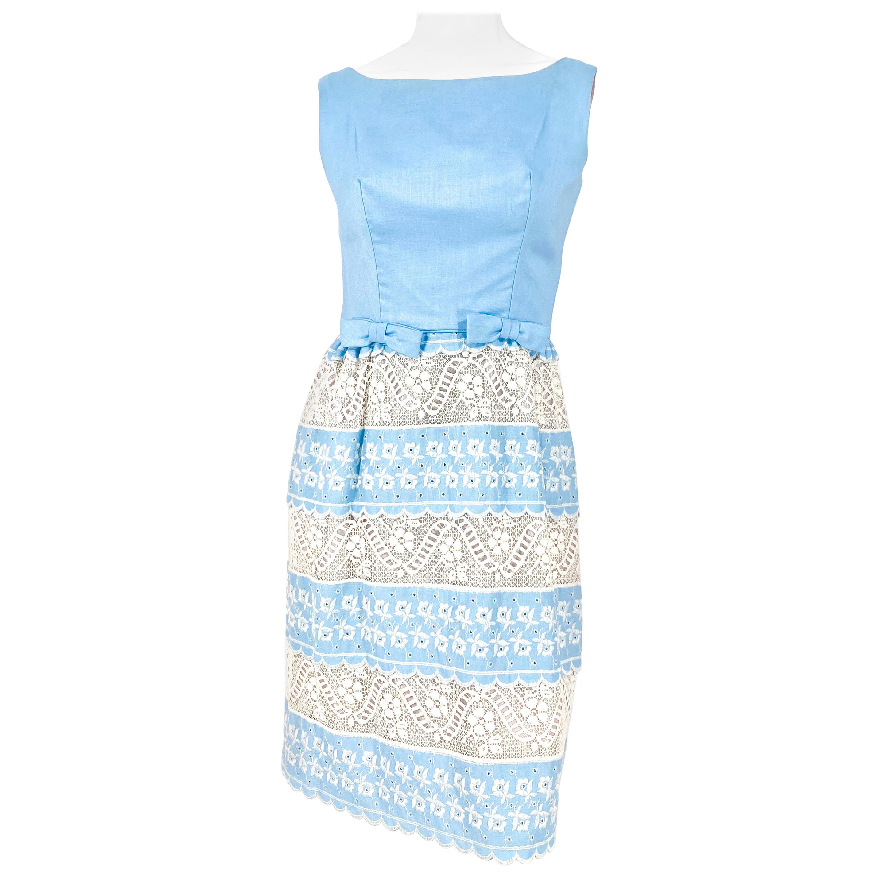 1960s Baby Blue Lace and Embroidered Sleeveless Dress