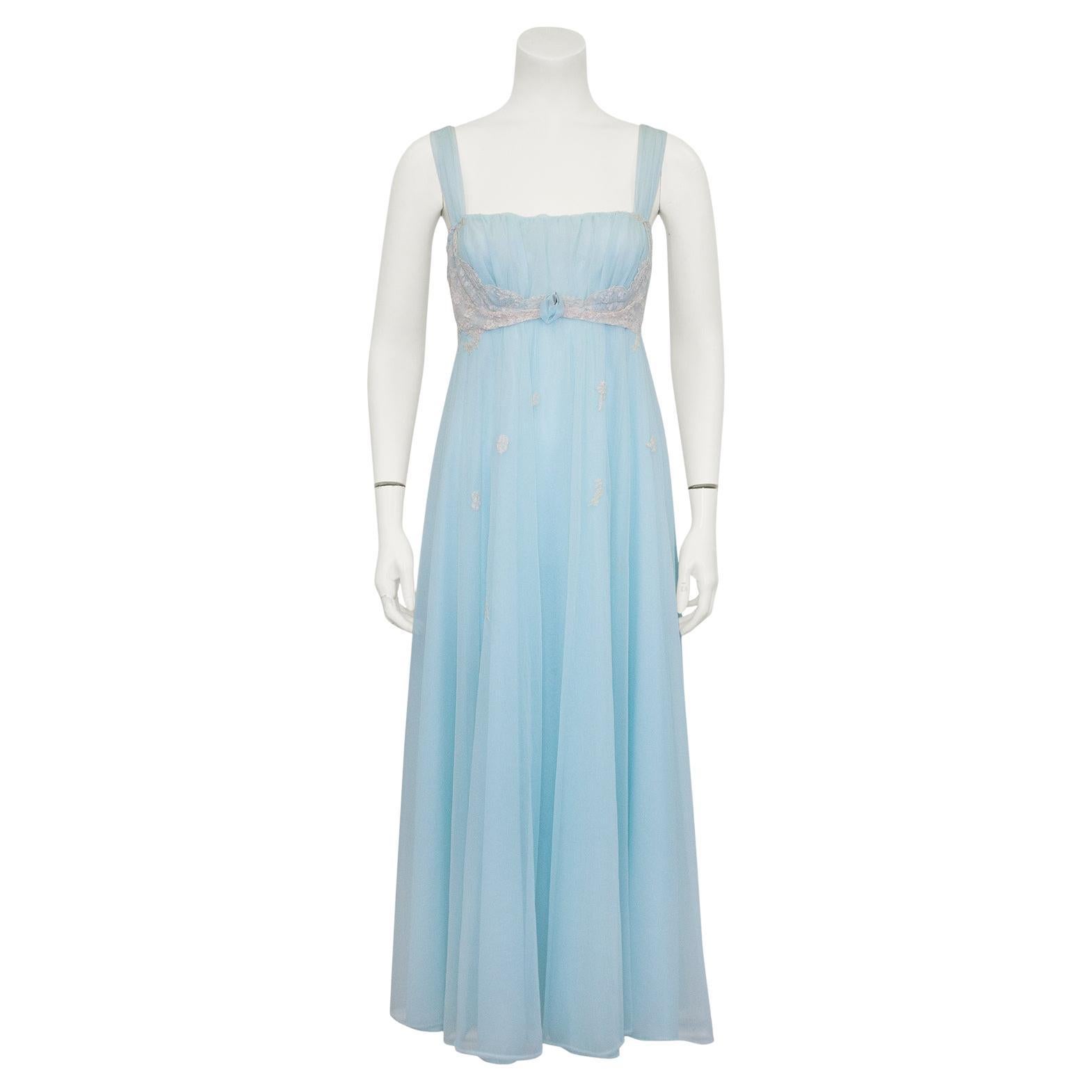 1960s Baby Blue Nylon Chiffon and Lace Hostess Gown/Lingerie