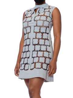 1960S Baby Blue & Silver Poly/Lurex Knit Appliqué On Black Net Mod Cocktail Dre