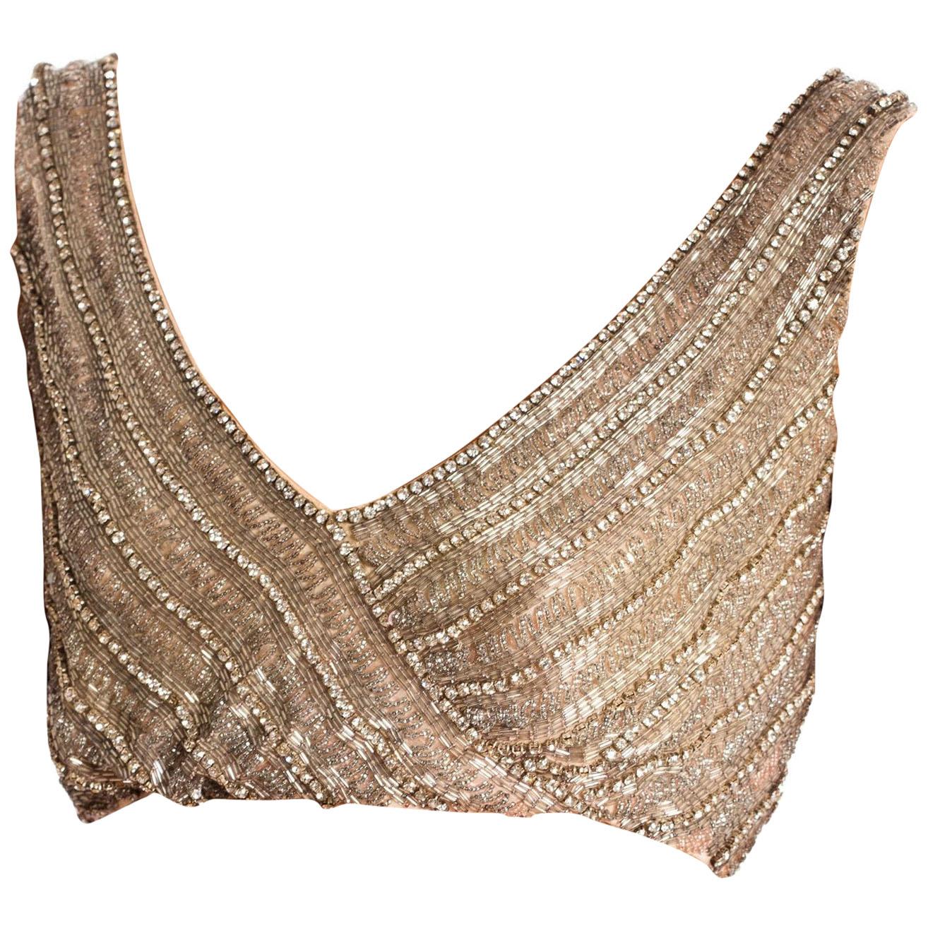 1960S Baby Pink Beaded Rayon Evening Crop Top With Crystals For Sale