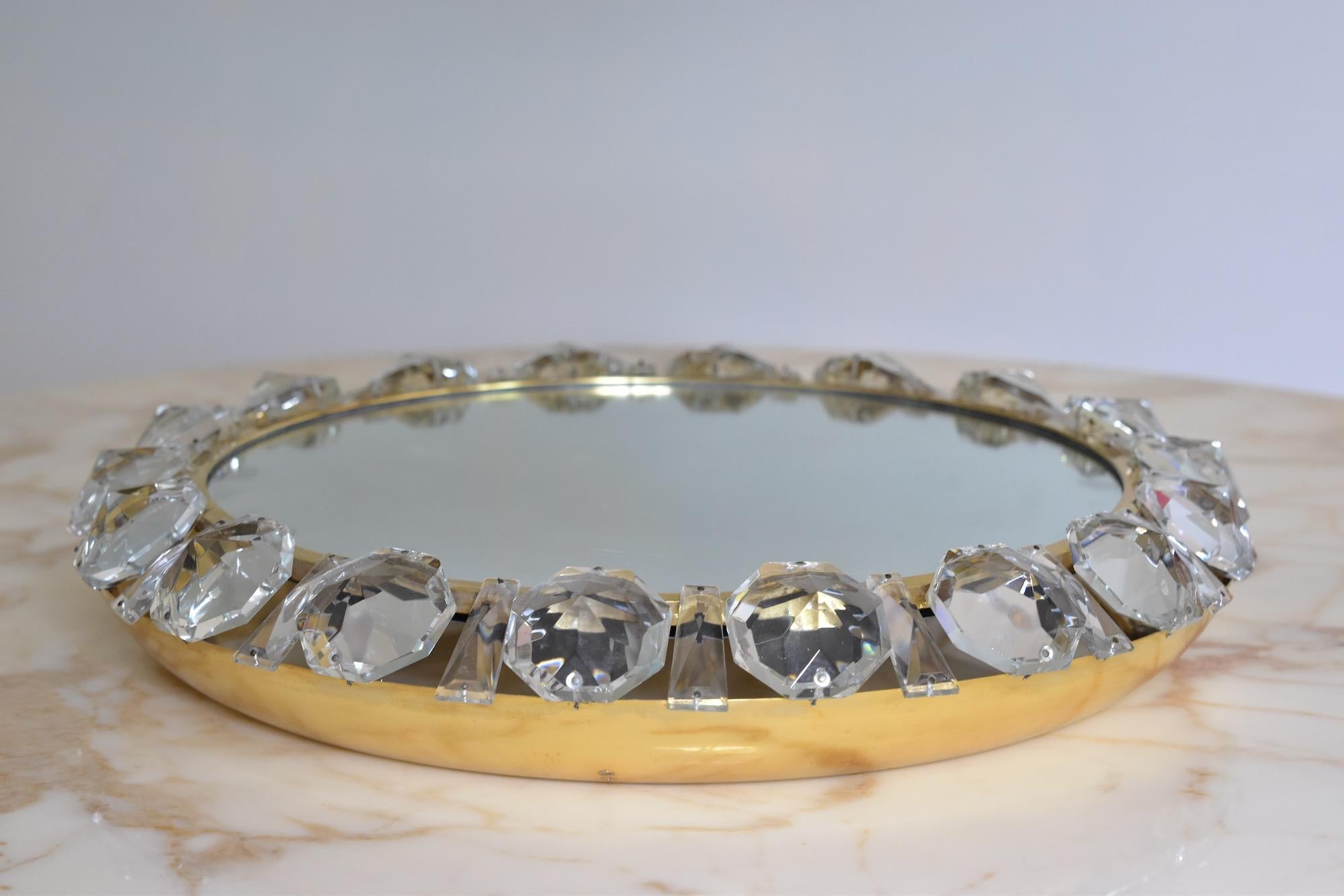 Mid-Century Modern 1960's Bakalowits Brass Crystal Diamond Backlit Wall Mirror Glass Austria