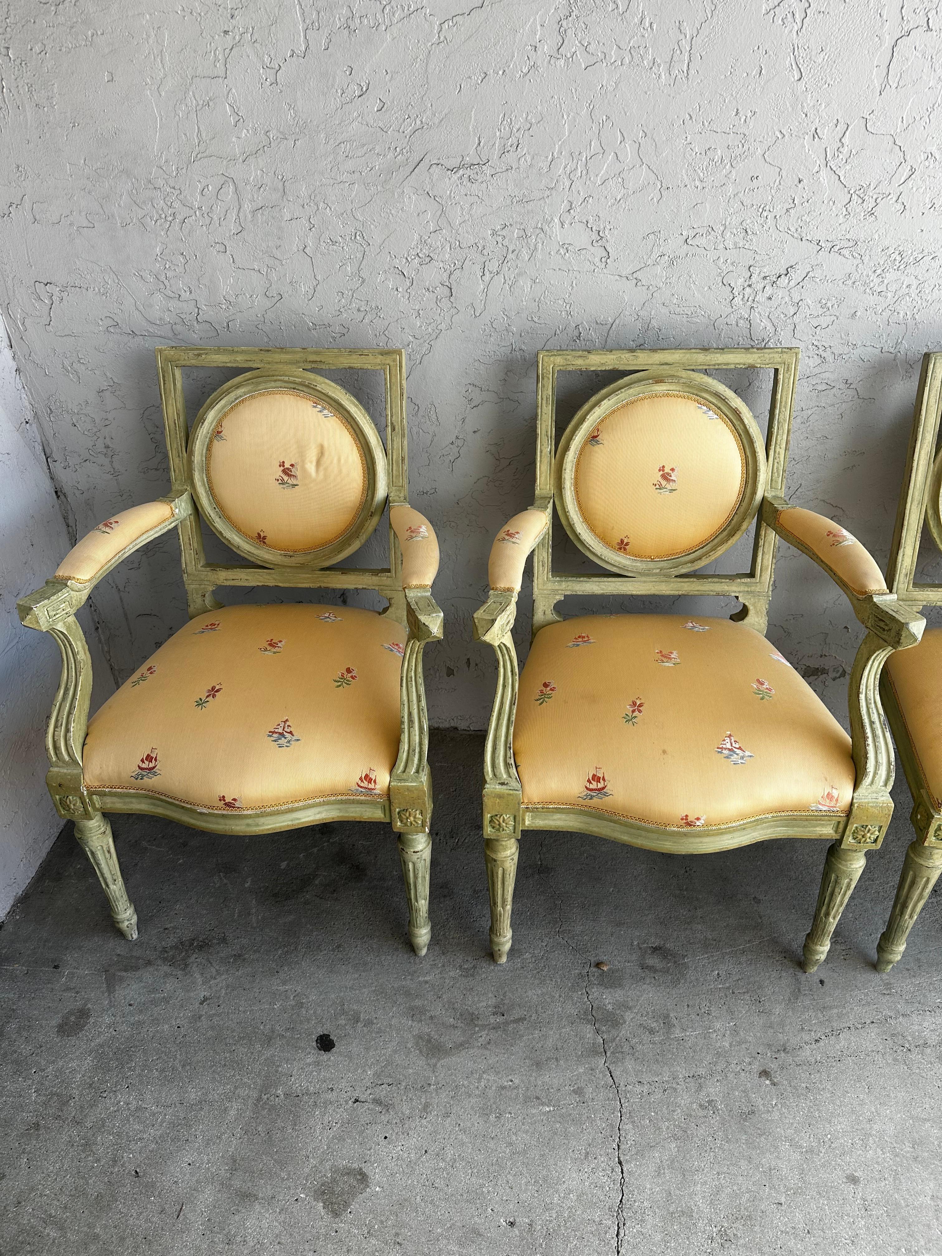 1960s Country French Farmhouse Green Yellow Floral Dining Set, Set of 9 For Sale 3