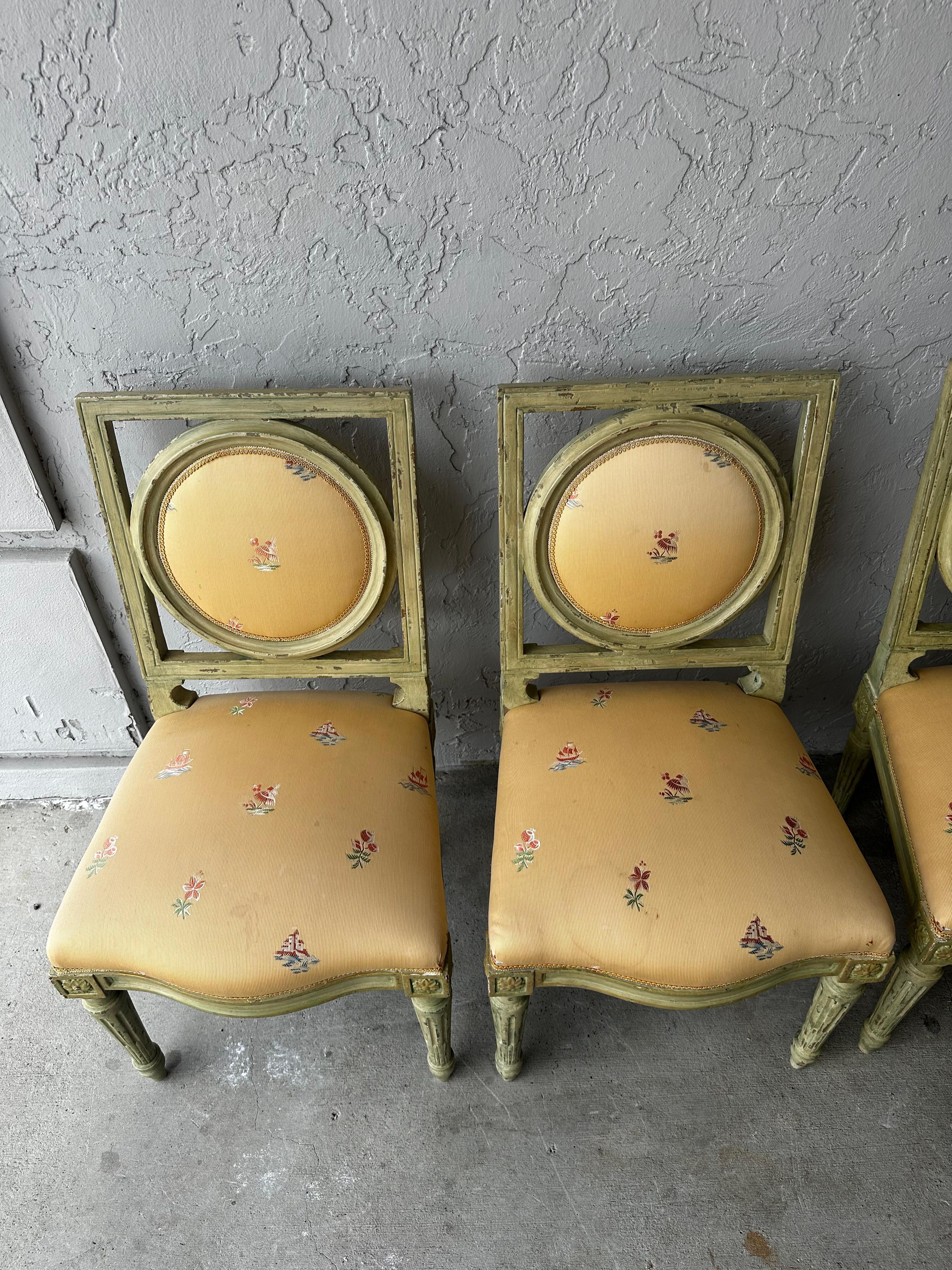 1960s Country French Farmhouse Green Yellow Floral Dining Set, Set of 9 For Sale 5