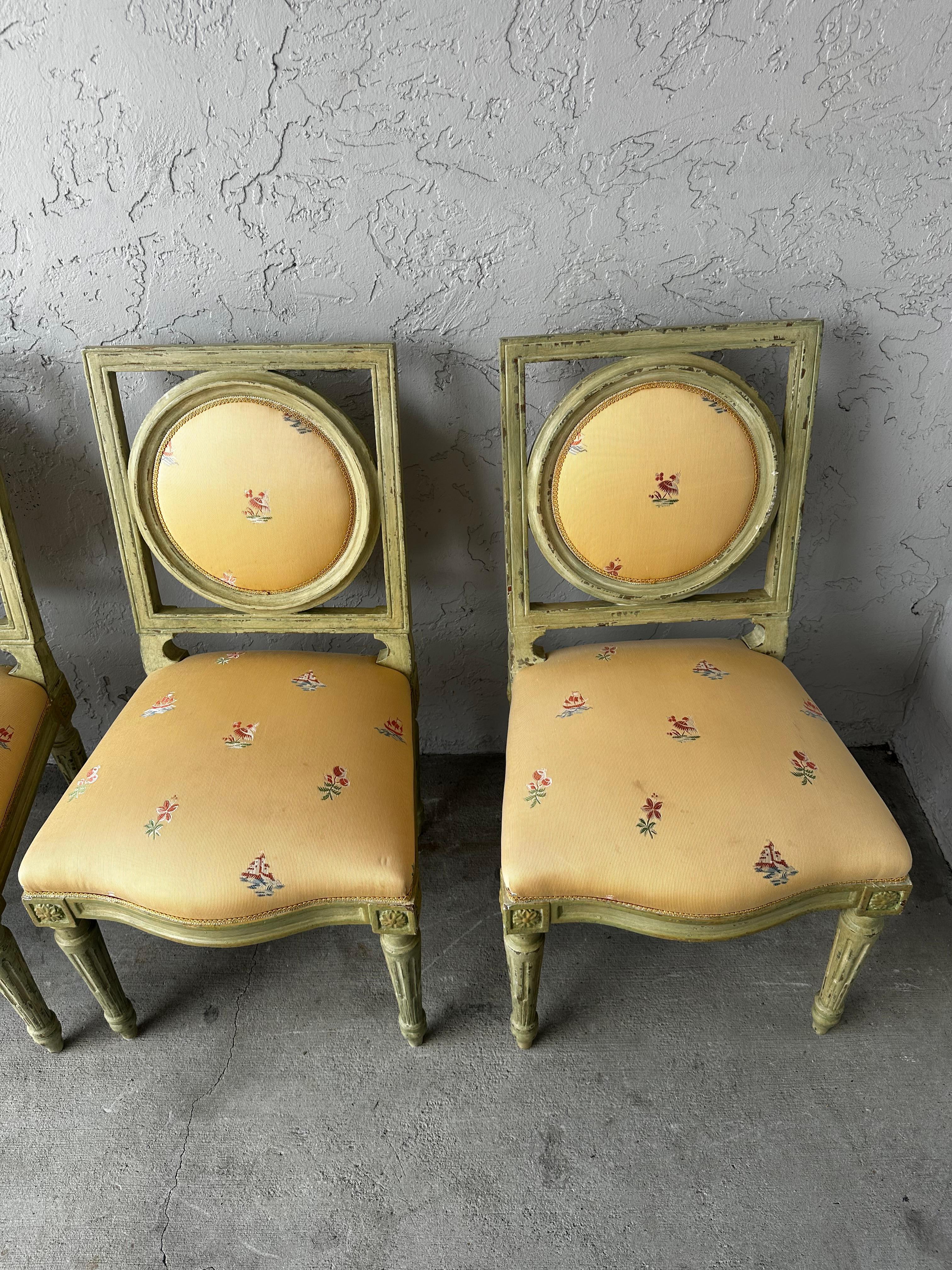 1960s Country French Farmhouse Green Yellow Floral Dining Set, Set of 9 For Sale 6