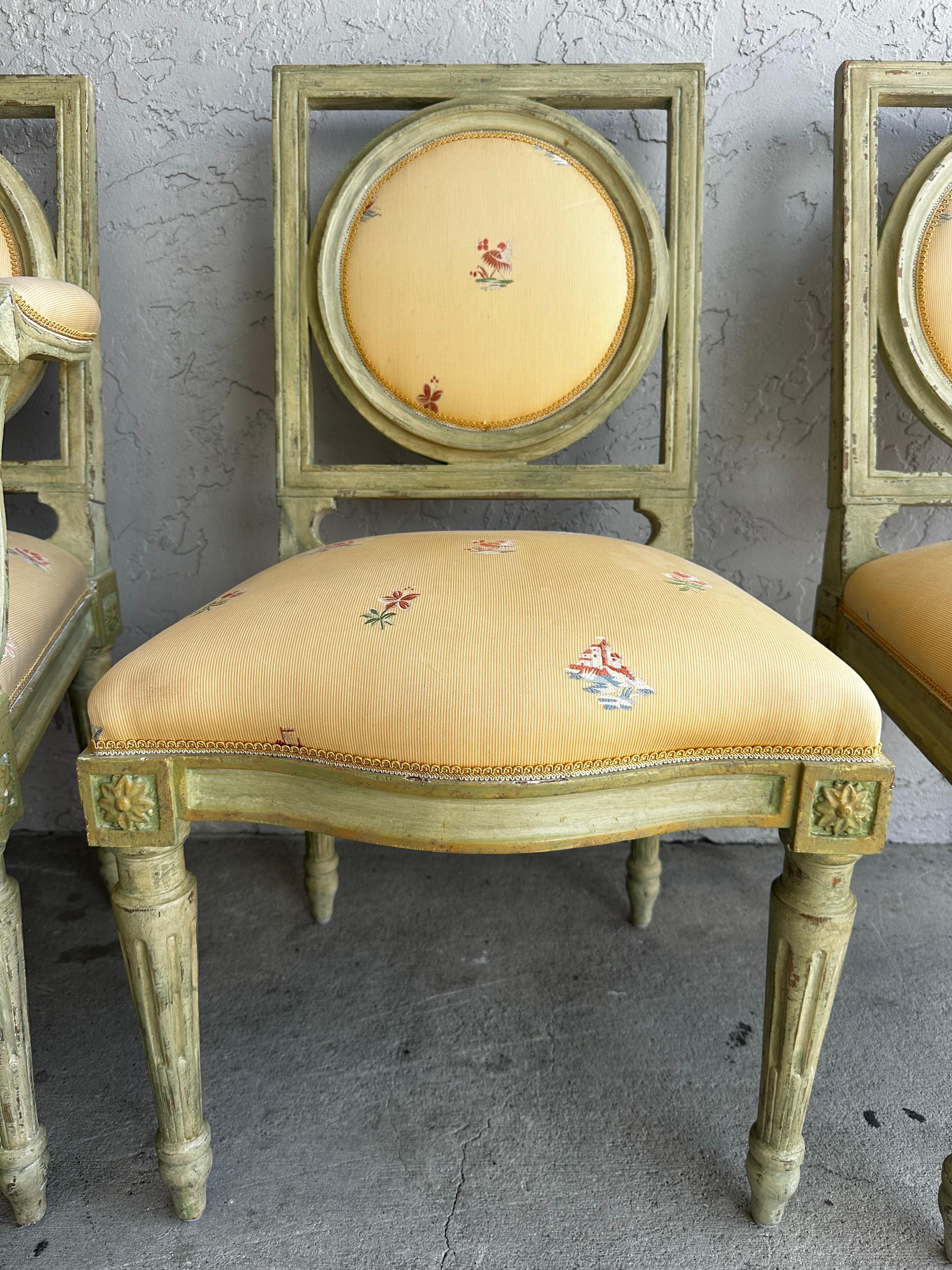 1960s Country French Farmhouse Green Yellow Floral Dining Set, Set of 9 For Sale 8