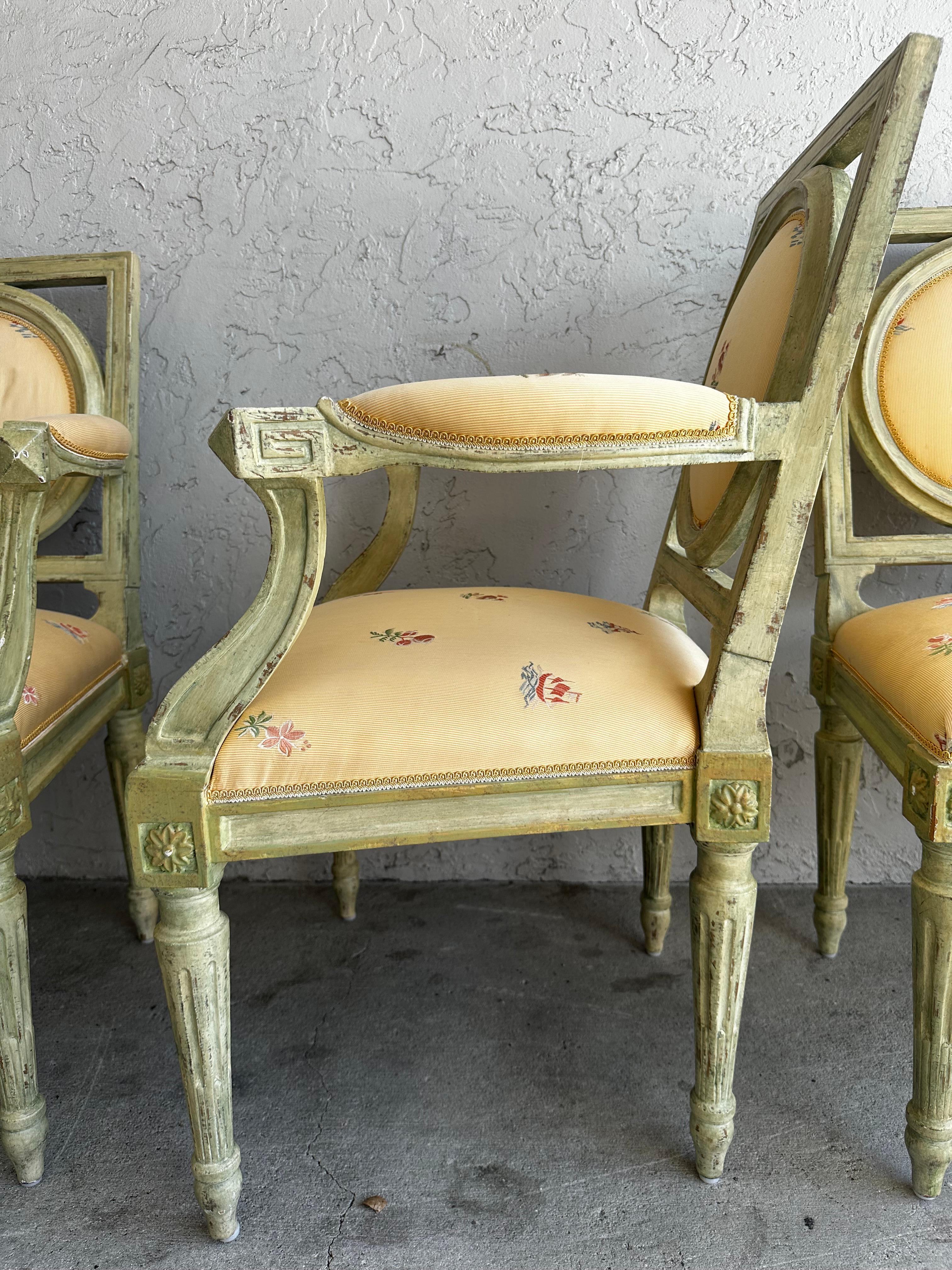 1960s Country French Farmhouse Green Yellow Floral Dining Set, Set of 9 For Sale 11