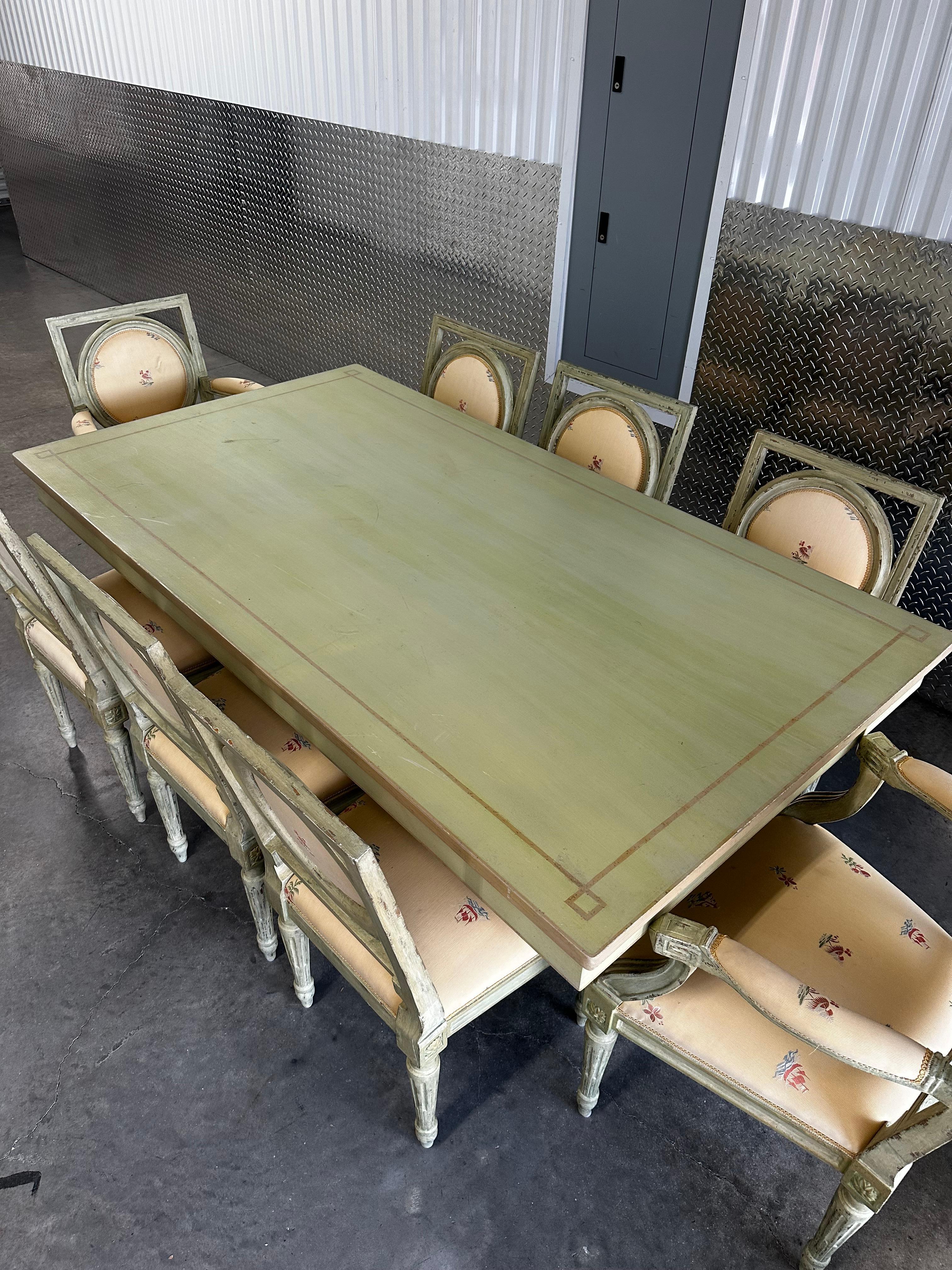 1960s Country French Farmhouse Green Yellow Floral Dining Set, Set of 9 For Sale 12