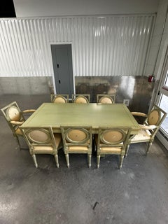 1960s Country French Farmhouse Green Yellow Floral Dining Set, Set of 9