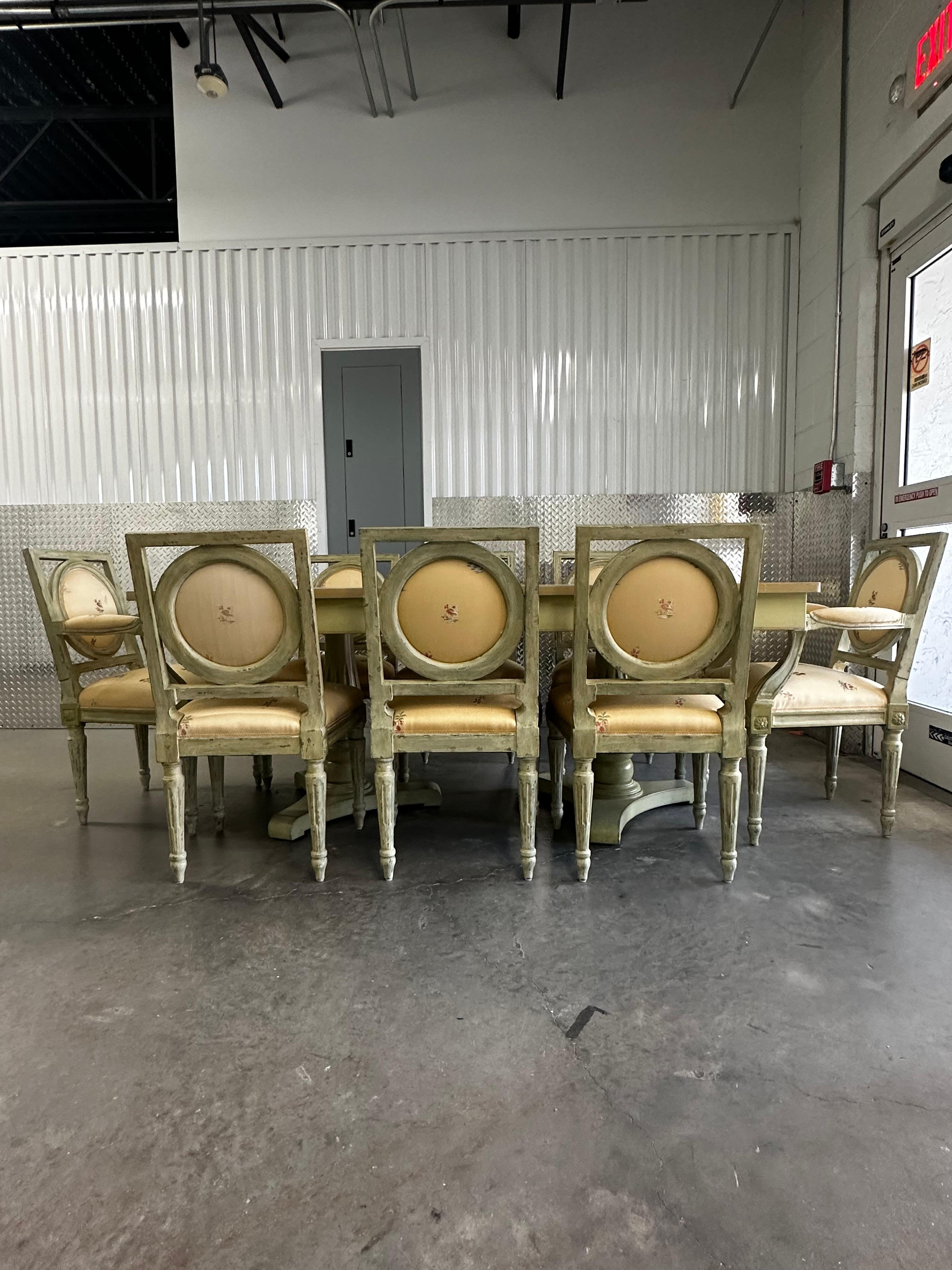 French Provincial 1960s Baker Country French Farmhouse Green Yellow Floral Dining Set, Set of 9 For Sale