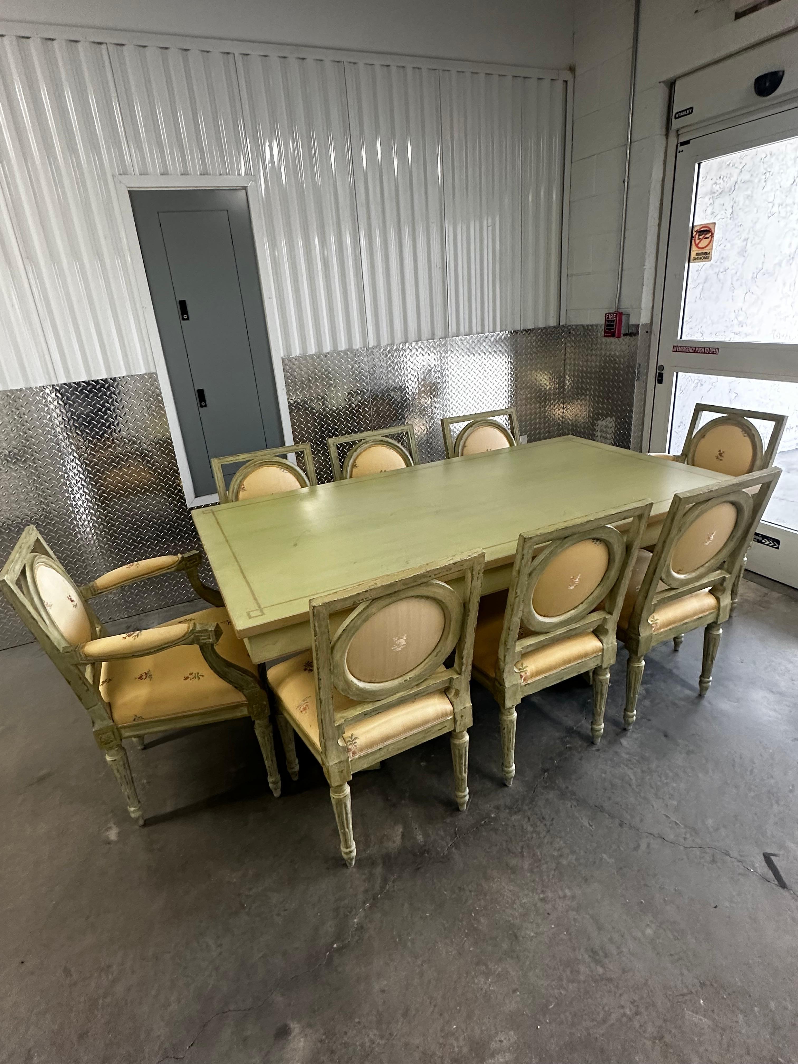 1960s Baker Country French Farmhouse Green Yellow Floral Dining Set, Set of 9 In Good Condition For Sale In Fort Lauderdale, FL