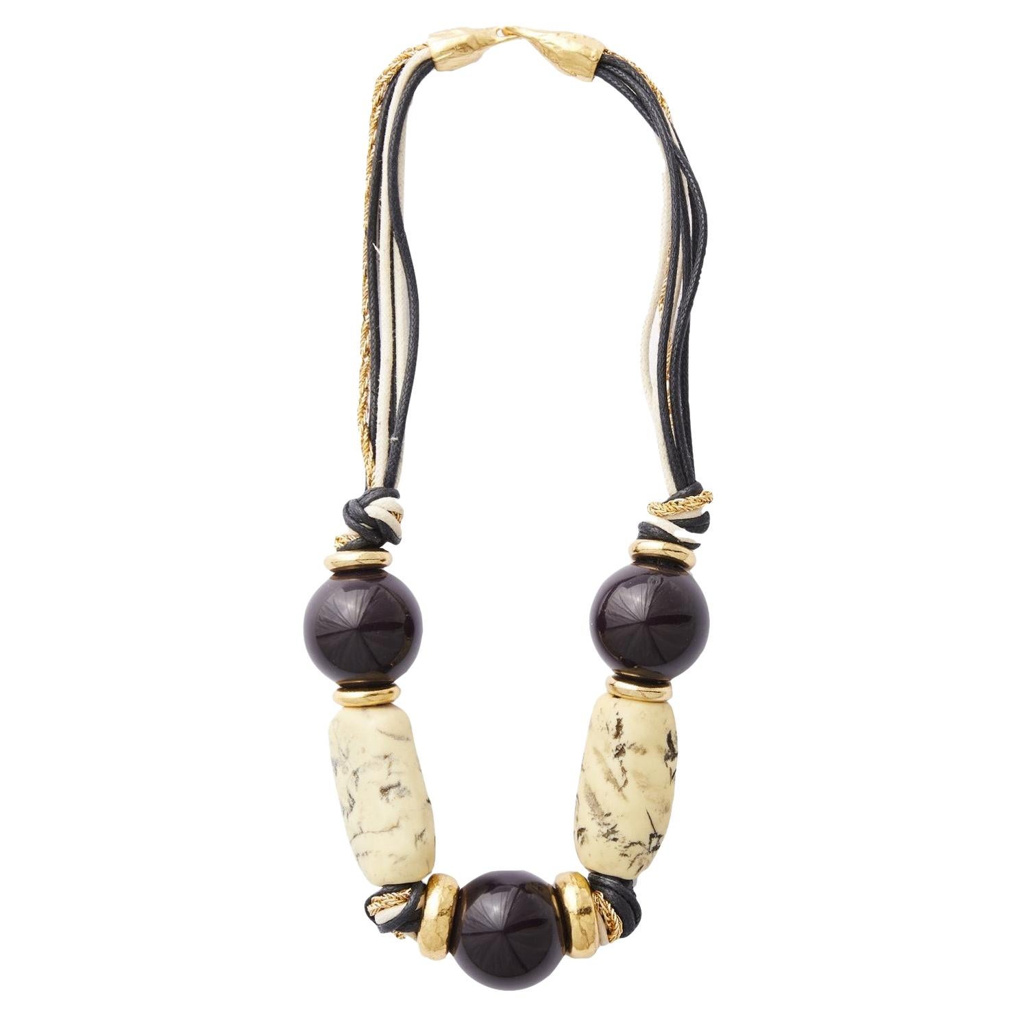 1960s Balenciaga Beaded Necklace in Brass, Leather and Resin For Sale