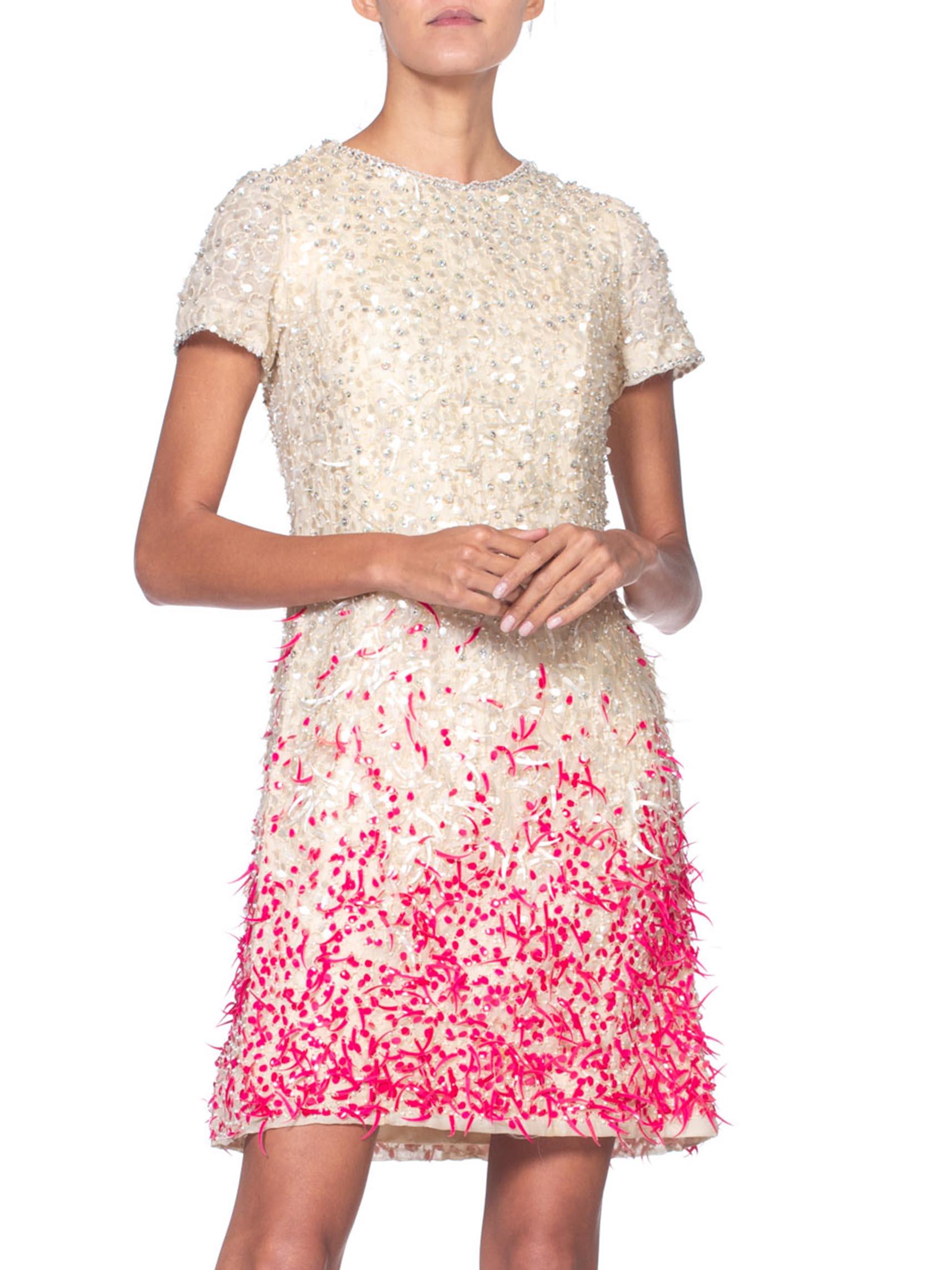 1960'S BALENCIAGA Style White Silk Organza Mod Cocktail Dress Beaded With Pink  In Excellent Condition For Sale In New York, NY