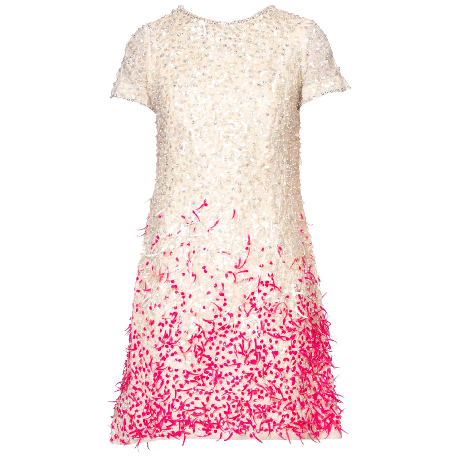 1960'S BALENCIAGA Style White Silk Organza Mod Cocktail Dress Beaded With Pink  For Sale