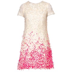 1960'S BALENCIAGA Style White Silk Organza Mod Cocktail Dress Beaded With Pink