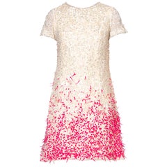 Retro 1960'S BALENCIAGA Style White Silk Organza Mod Cocktail Dress Beaded With Pink 