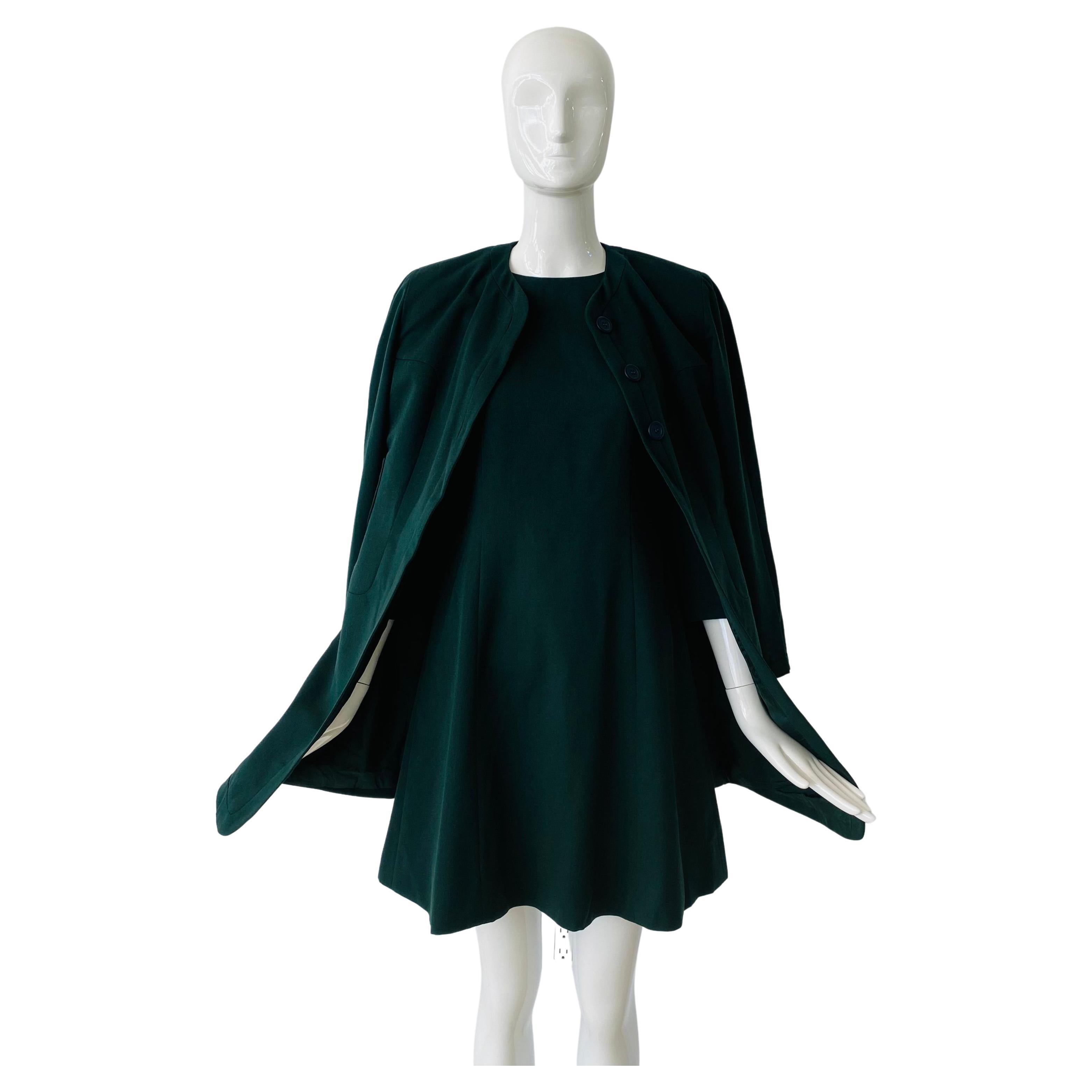 1980s Balenciaga Le Dix Green Dress Coat Set  For Sale