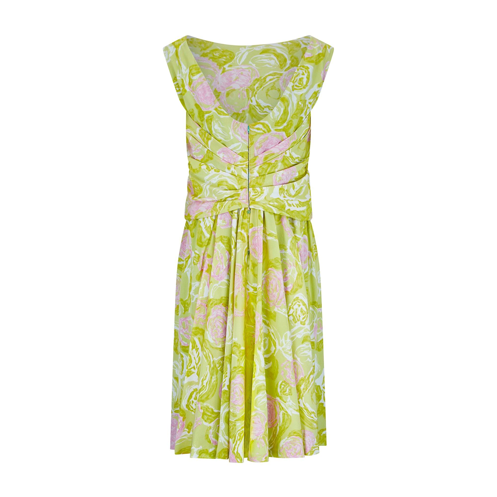 1960s Balestra Alta Moda Green and Pink Floral Silk Dress In Excellent Condition In London, GB