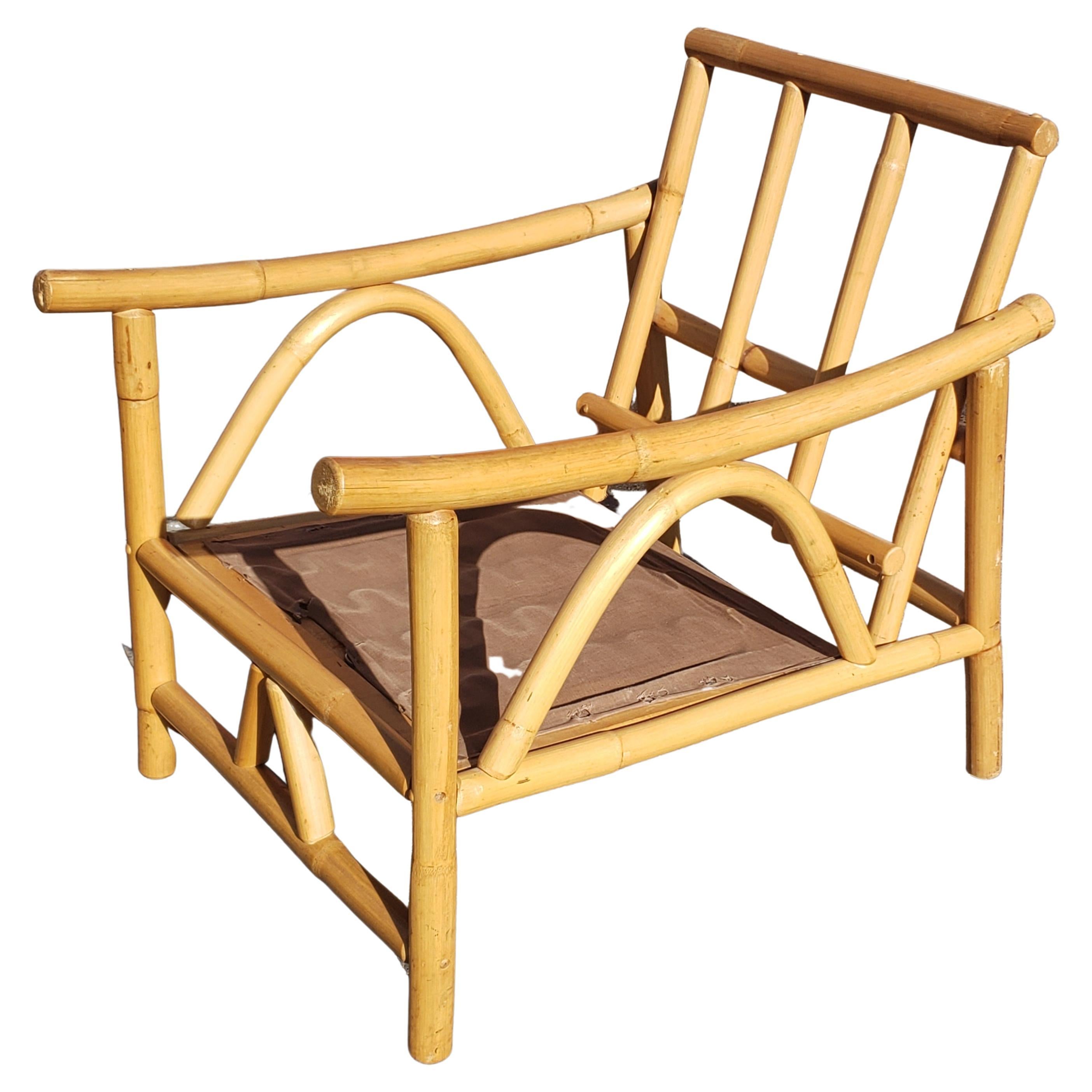 American 1960s Bam Tan Rattan Bamboo Lounge Chair with Ottoman, a Pair