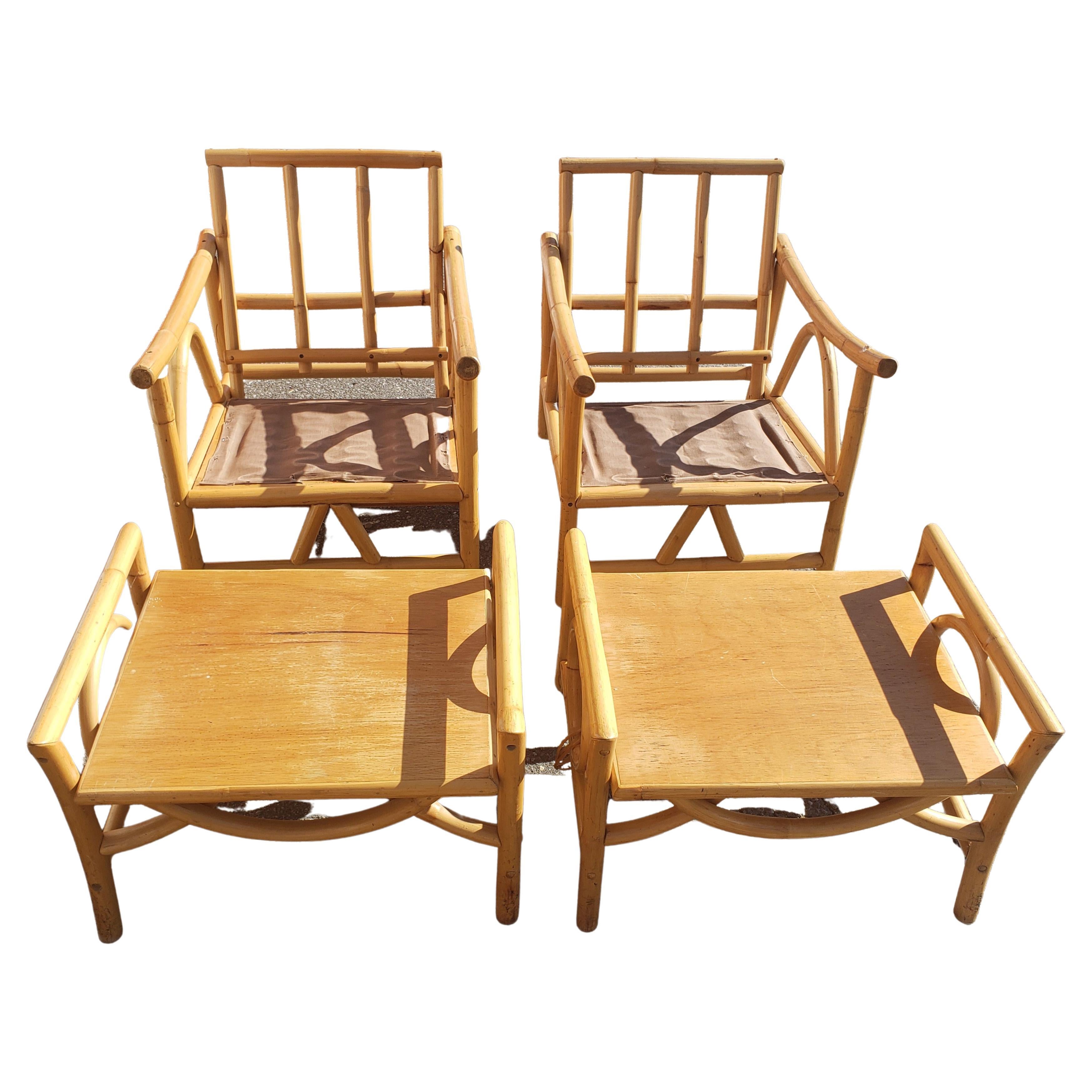 20th Century 1960s Bam Tan Rattan Bamboo Lounge Chair with Ottoman, a Pair
