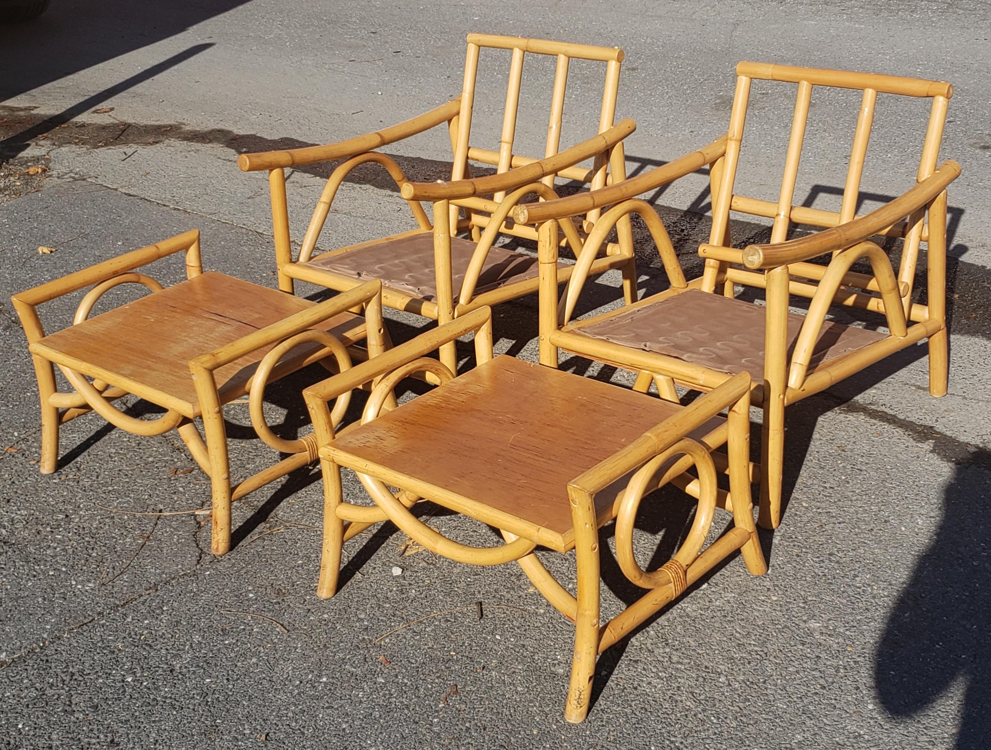 1960s Bam Tan Rattan Bamboo Lounge Chair with Ottoman, a Pair 2
