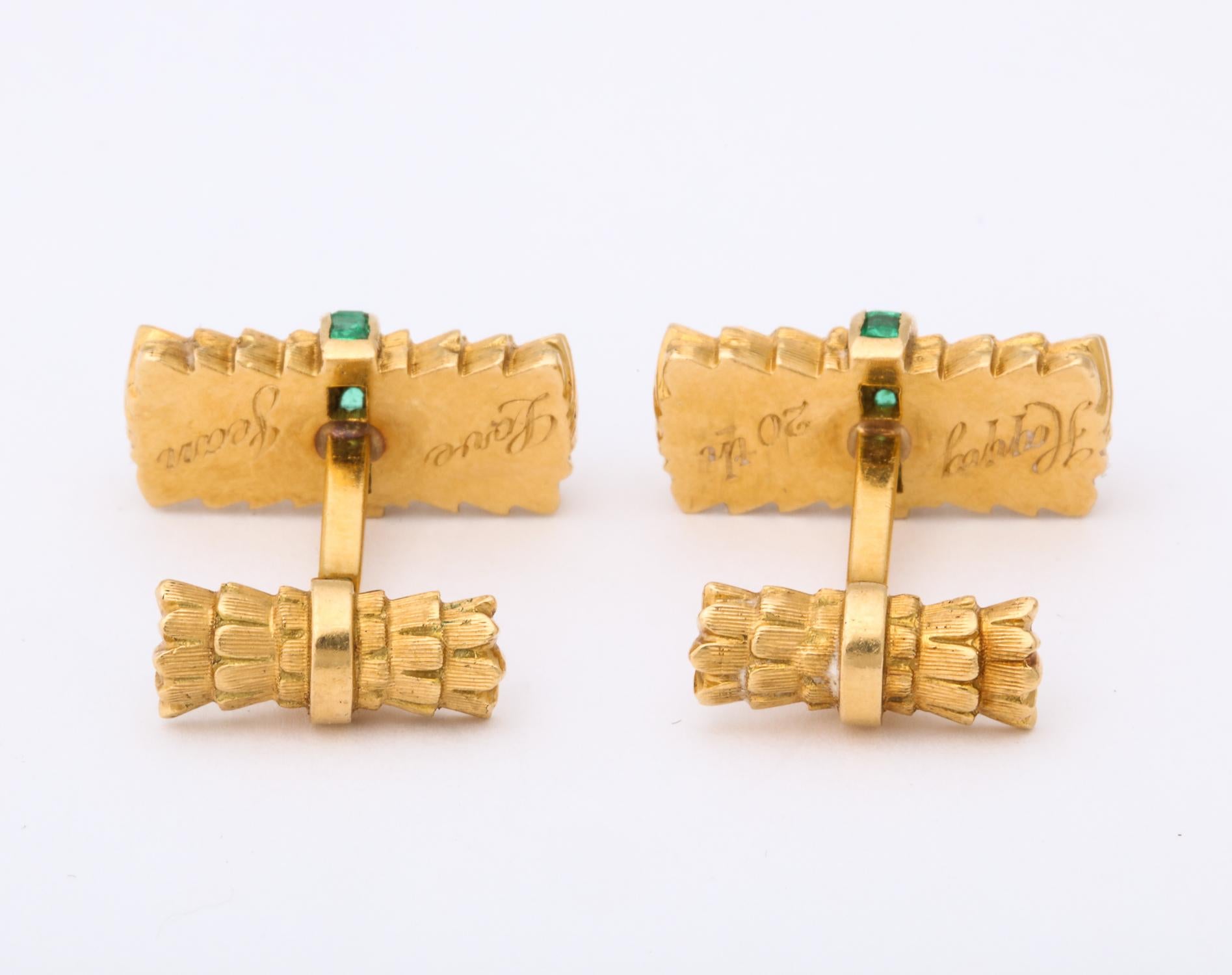 1960s Bamboo Design Calibre Cut Emerald and Florentine Gold Flip Up Cufflinks 2