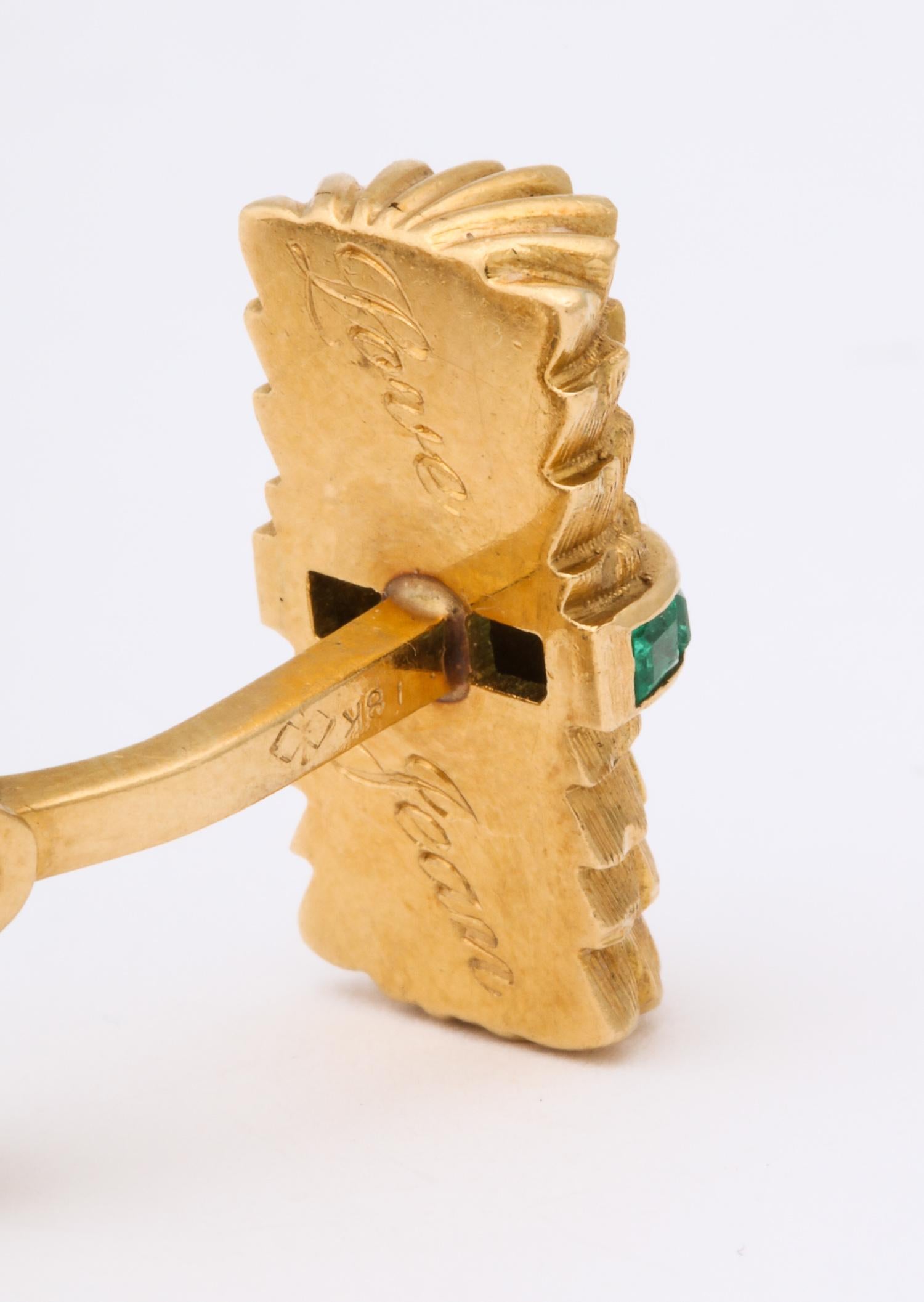 1960s Bamboo Design Calibre Cut Emerald and Florentine Gold Flip Up Cufflinks 3